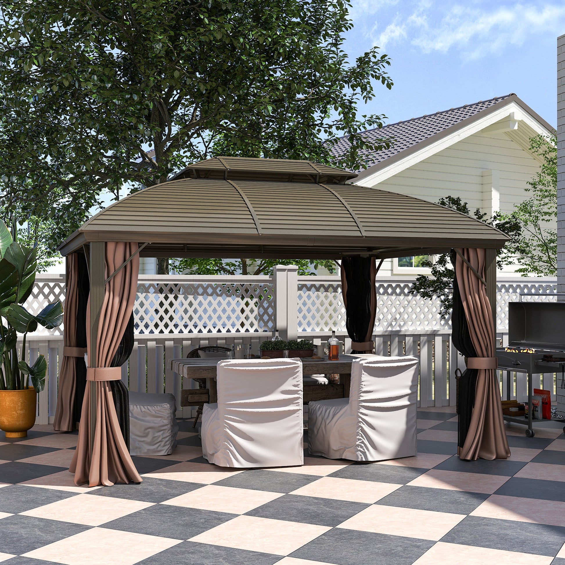 10' x 12' Hardtop Gazebo Canopy with Double Roof and Aluminum Frame, Outdoor Gazebo with Netting and Curtains for Patio, Garden, Backyard, Deck, Lawn, Coffee