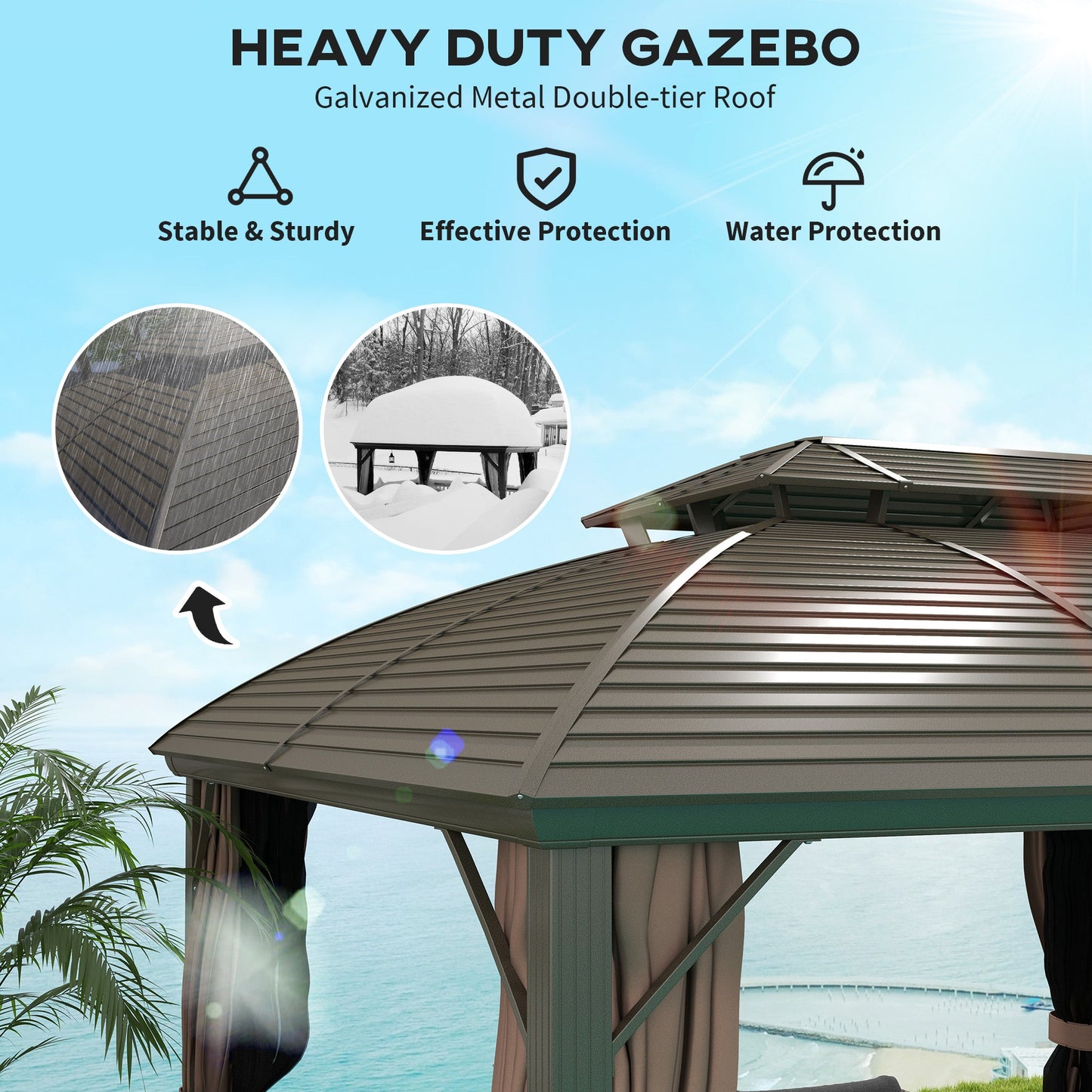 10' x 12' Hardtop Gazebo Canopy with Double Roof and Aluminum Frame, Outdoor Gazebo with Netting and Curtains for Patio, Garden, Backyard, Deck, Lawn, Coffee