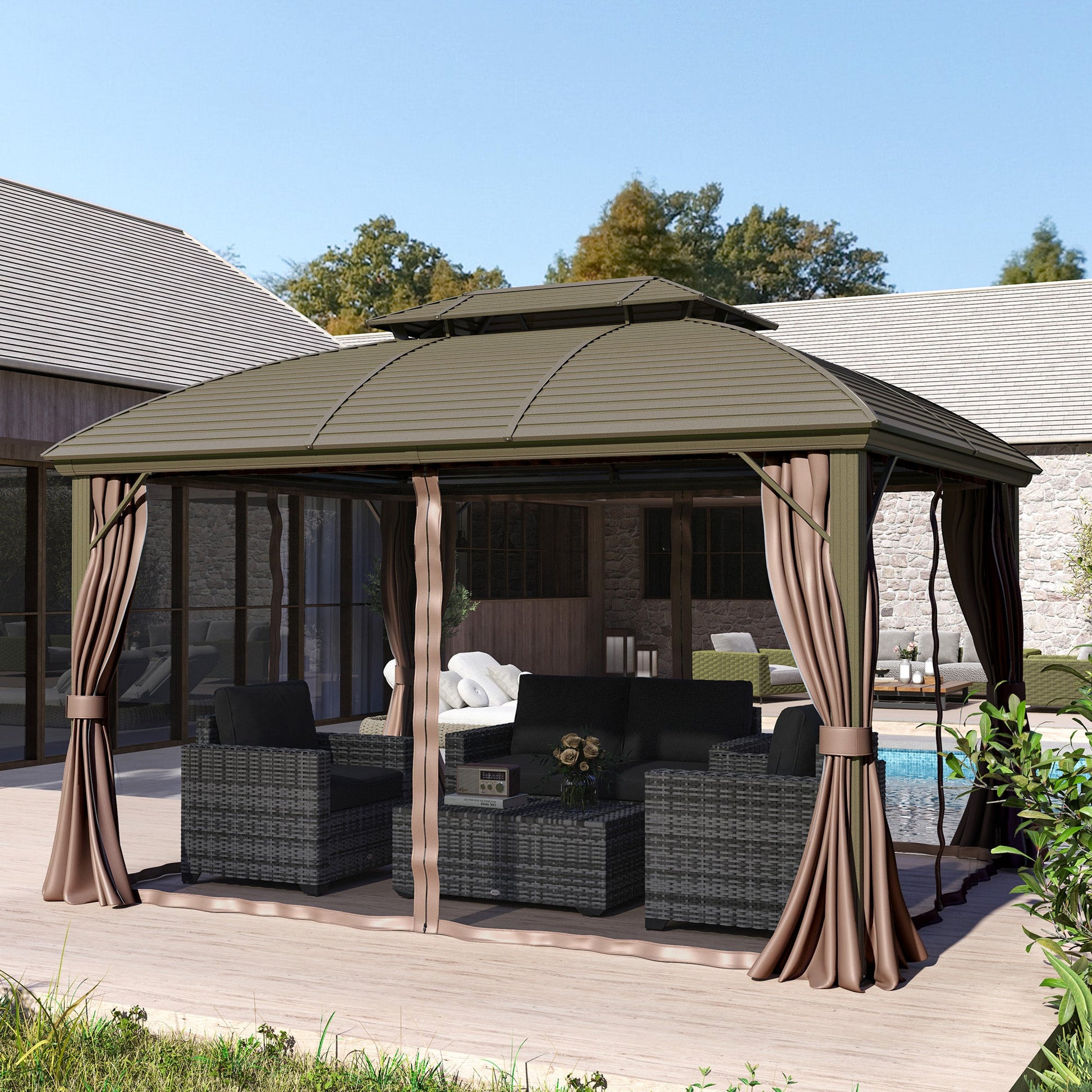 10' x 12' Hardtop Gazebo Canopy with Double Roof and Aluminum Frame, Outdoor Gazebo with Netting and Curtains for Patio, Garden, Backyard, Deck, Lawn, Coffee