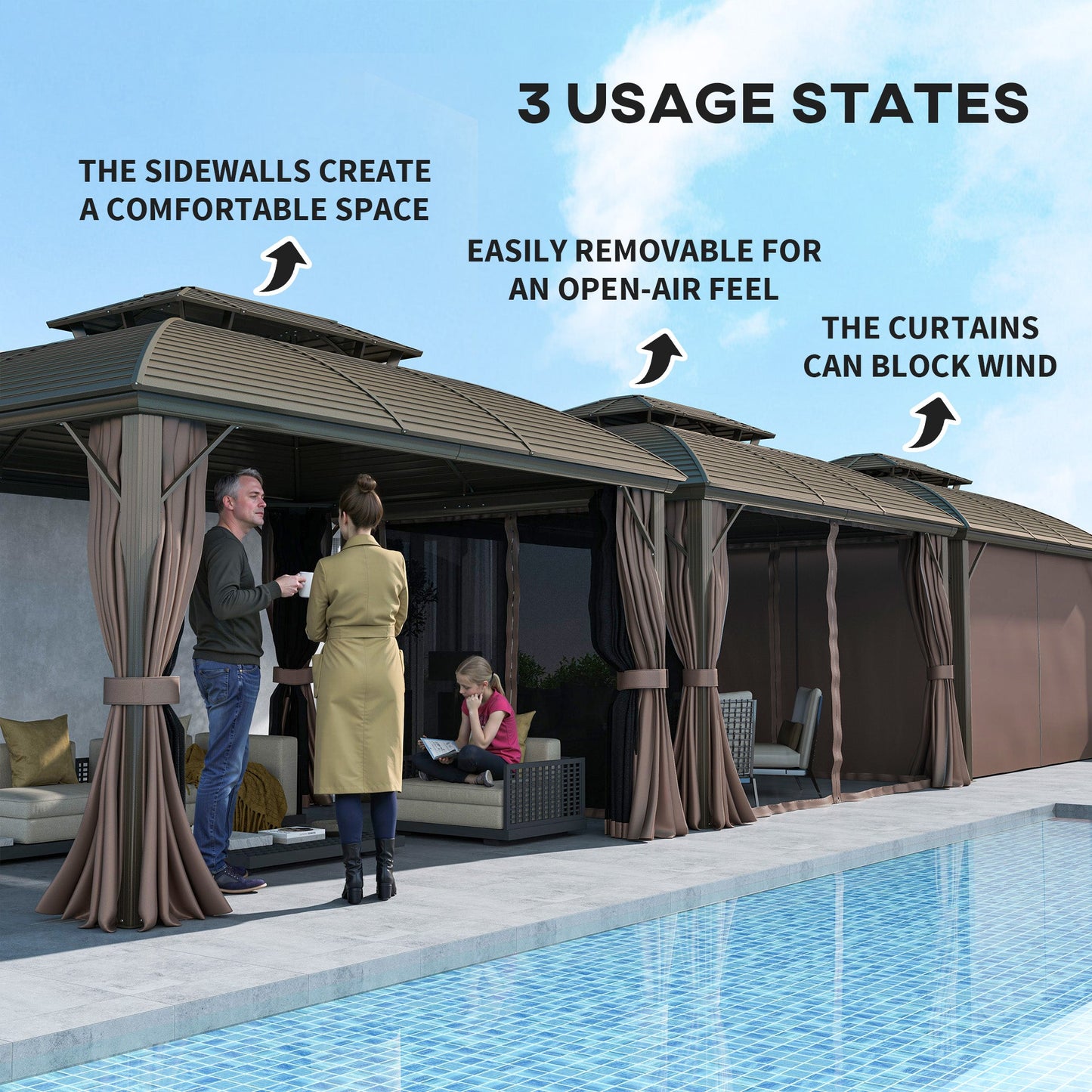10' x 12' Hardtop Gazebo Canopy with Double Roof and Aluminum Frame, Outdoor Gazebo with Netting and Curtains for Patio, Garden, Backyard, Deck, Lawn, Coffee