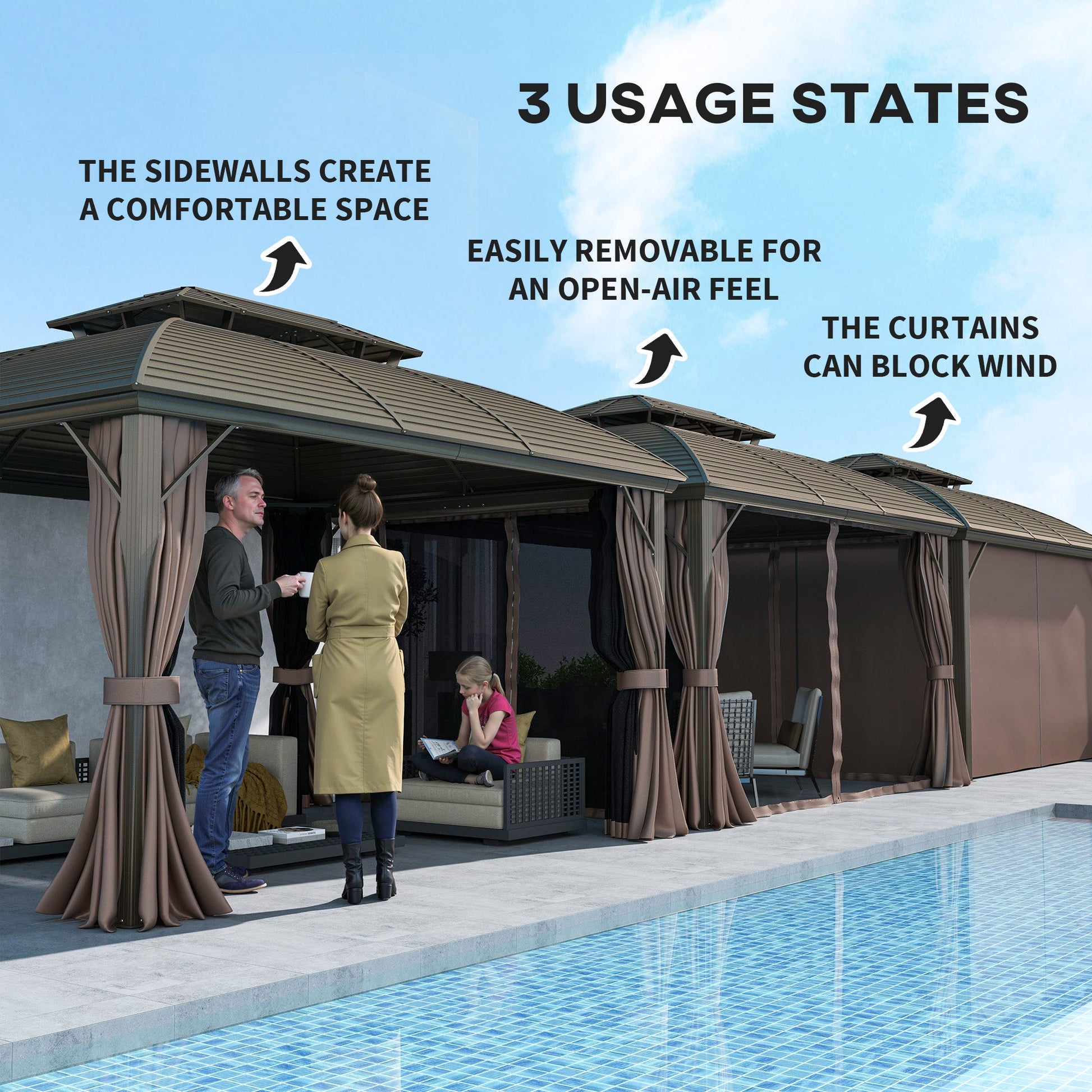 10' x 12' Hardtop Gazebo Canopy with Double Roof and Aluminum Frame, Outdoor Gazebo with Netting and Curtains for Patio, Garden, Backyard, Deck, Lawn, Coffee