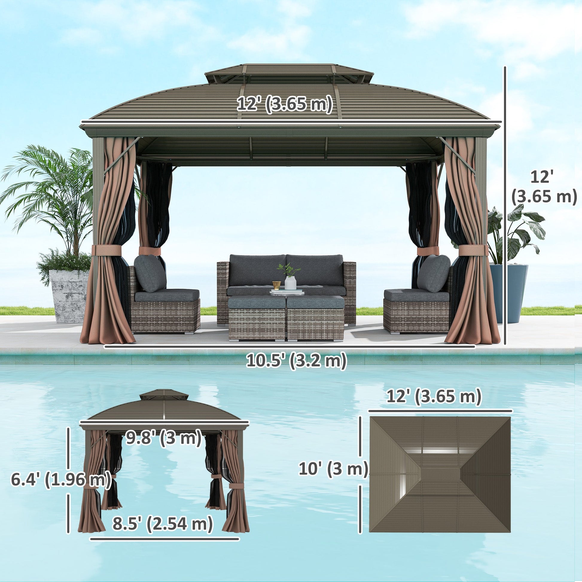 10' x 12' Hardtop Gazebo Canopy with Double Roof and Aluminum Frame, Outdoor Gazebo with Netting and Curtains for Patio, Garden, Backyard, Deck, Lawn, Coffee