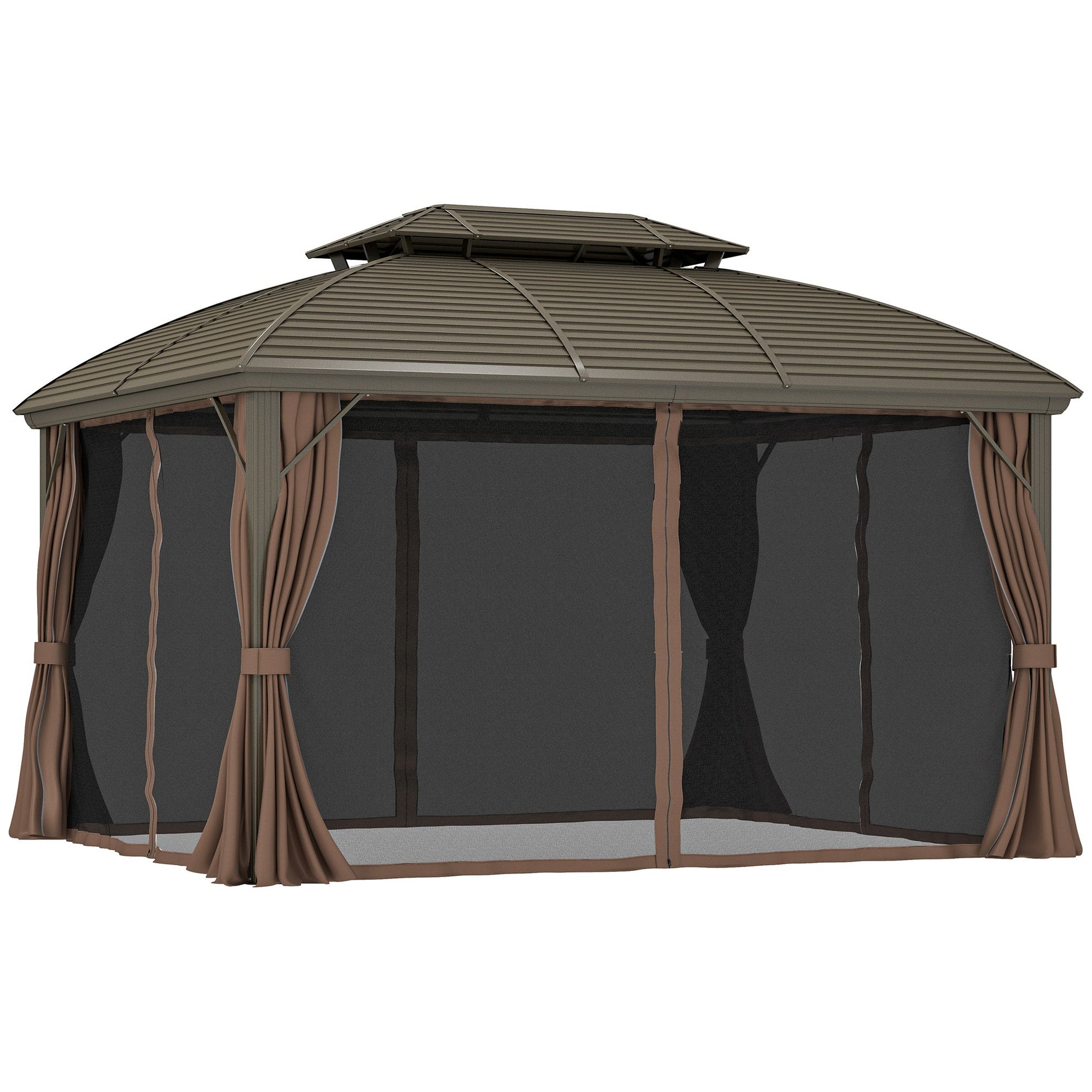 10' x 12' Hardtop Gazebo Canopy with Double Roof and Aluminum Frame, Outdoor Gazebo with Netting and Curtains for Patio, Garden, Backyard, Deck, Lawn, Coffee