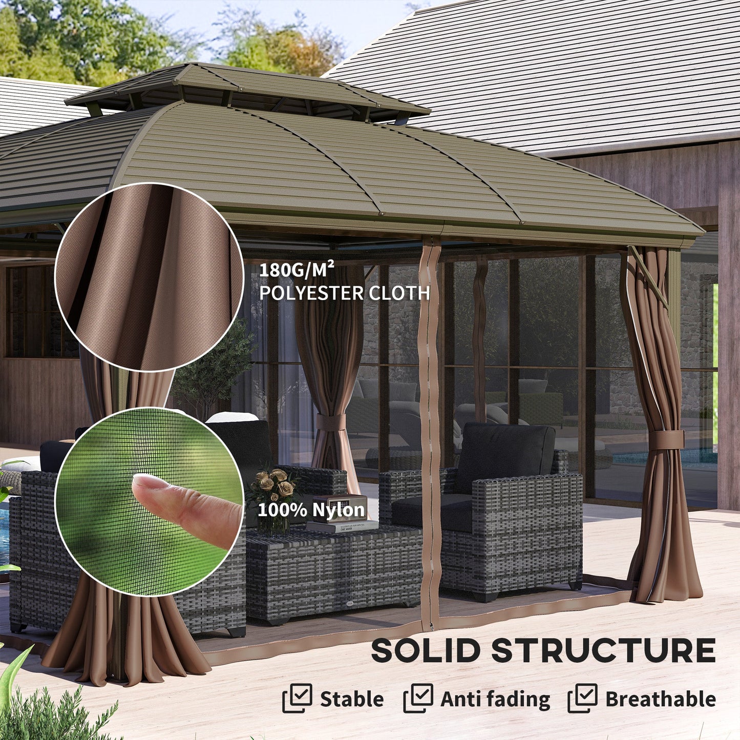 10' x 12' Hardtop Gazebo Canopy with Double Roof and Aluminum Frame, Outdoor Gazebo with Netting and Curtains for Patio, Garden, Backyard, Deck, Lawn, Coffee