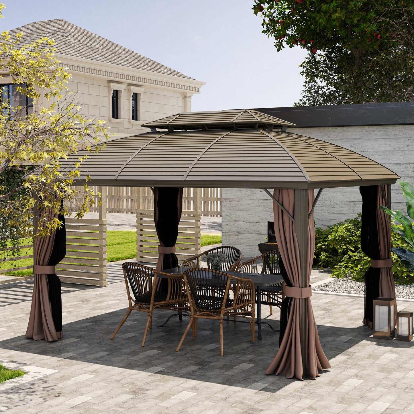 10' x 12' Hardtop Gazebo Canopy with Double Roof and Aluminum Frame, Outdoor Gazebo with Netting and Curtains for Patio, Garden, Backyard, Deck, Lawn, Coffee