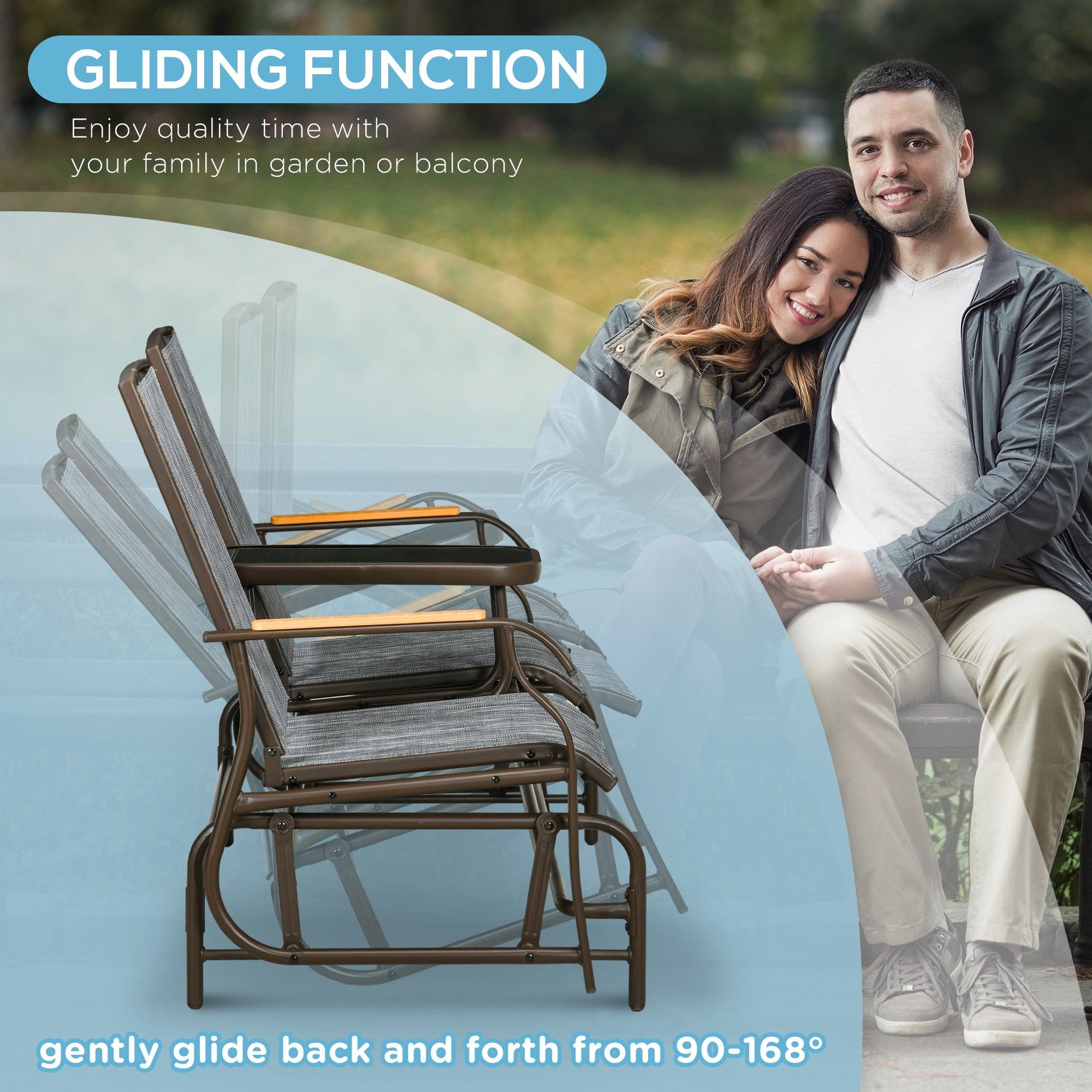 Outdoor Glider Bench with Tempered Glass Table, Breathable Mesh, 2-Person Rocking Glider Chair, Swing Loveseat Rocker, for Porch, Garden, Poolside, Balcony, Grey