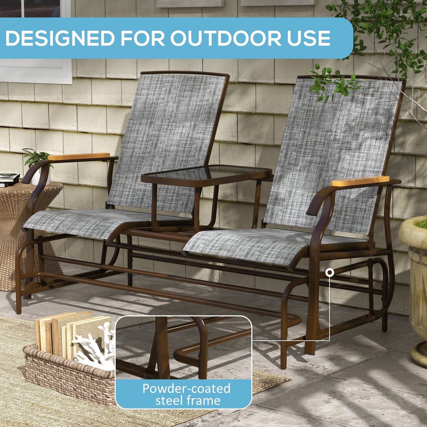 Outdoor Glider Bench with Tempered Glass Table, Breathable Mesh, 2-Person Rocking Glider Chair, Swing Loveseat Rocker, for Porch, Garden, Poolside, Balcony, Grey