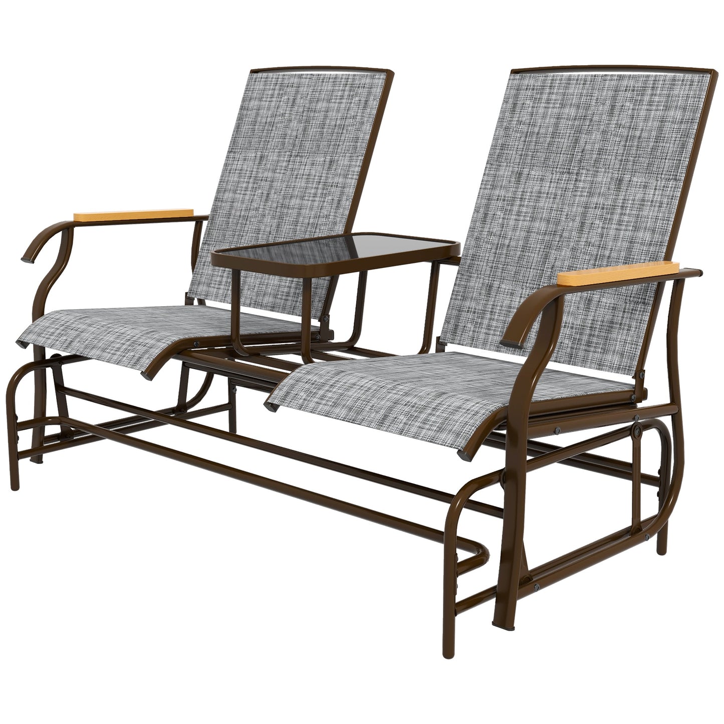 Outdoor Glider Bench with Tempered Glass Table, Breathable Mesh, 2-Person Rocking Glider Chair, Swing Loveseat Rocker, for Porch, Garden, Poolside, Balcony, Grey