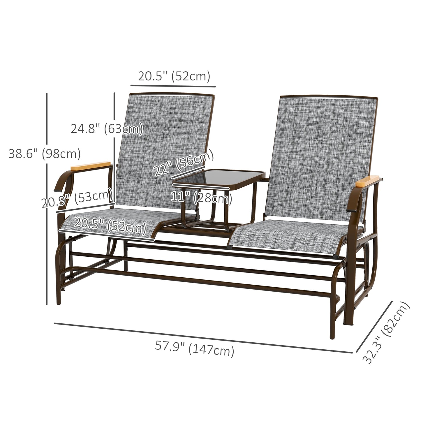 Outdoor Glider Bench with Tempered Glass Table, Breathable Mesh, 2-Person Rocking Glider Chair, Swing Loveseat Rocker, for Porch, Garden, Poolside, Balcony, Grey