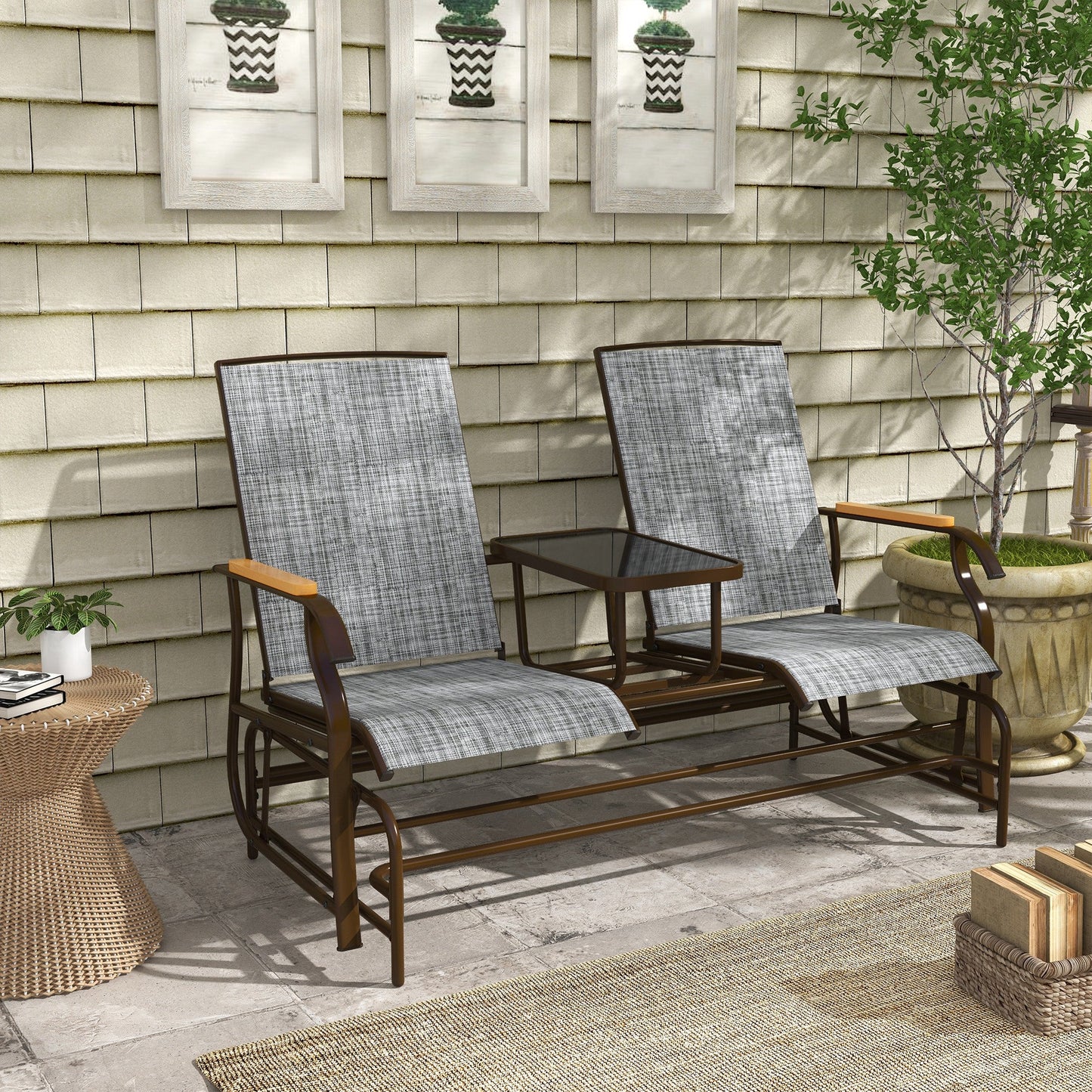 Outdoor Glider Bench with Tempered Glass Table, Breathable Mesh, 2-Person Rocking Glider Chair, Swing Loveseat Rocker, for Porch, Garden, Poolside, Balcony, Grey