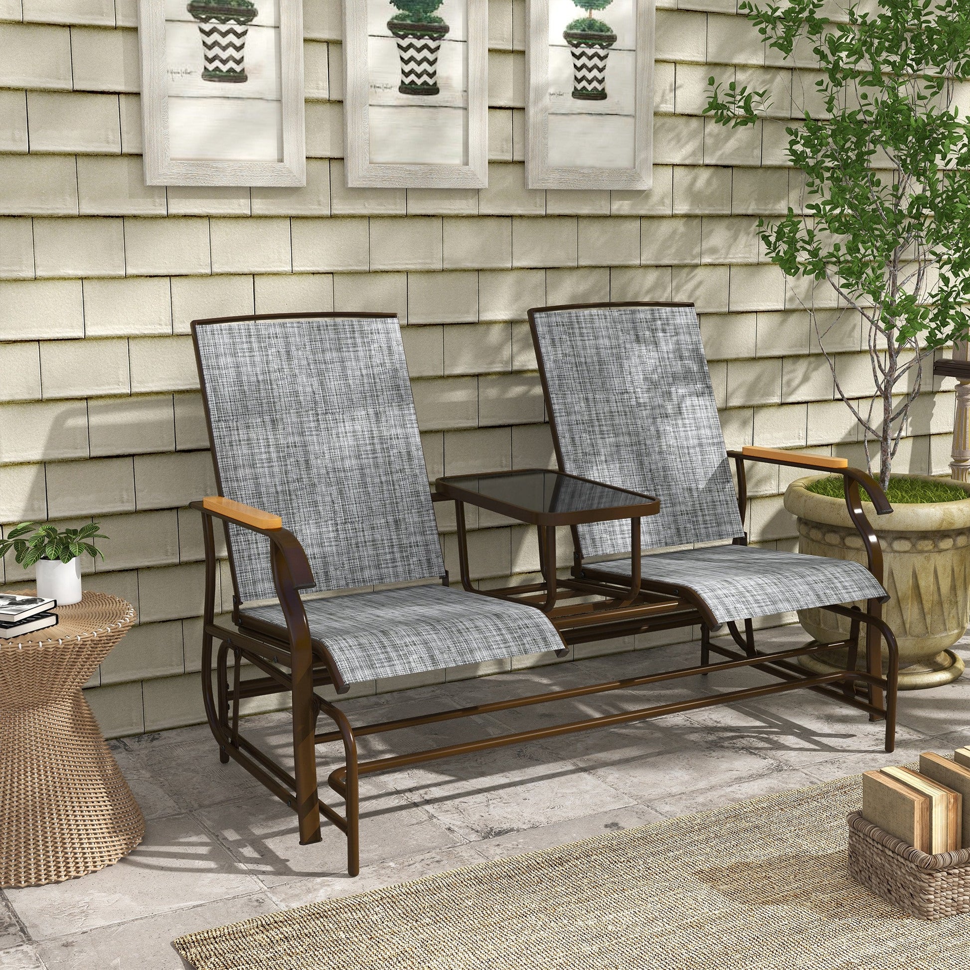 Outdoor Glider Bench with Tempered Glass Table, Breathable Mesh, 2-Person Rocking Glider Chair, Swing Loveseat Rocker, for Porch, Garden, Poolside, Balcony, Grey