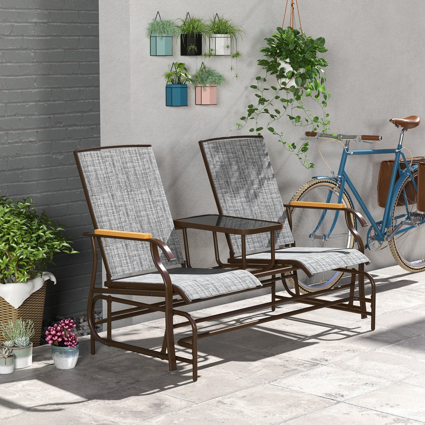 Outdoor Glider Bench with Tempered Glass Table, Breathable Mesh, 2-Person Rocking Glider Chair, Swing Loveseat Rocker, for Porch, Garden, Poolside, Balcony, Grey