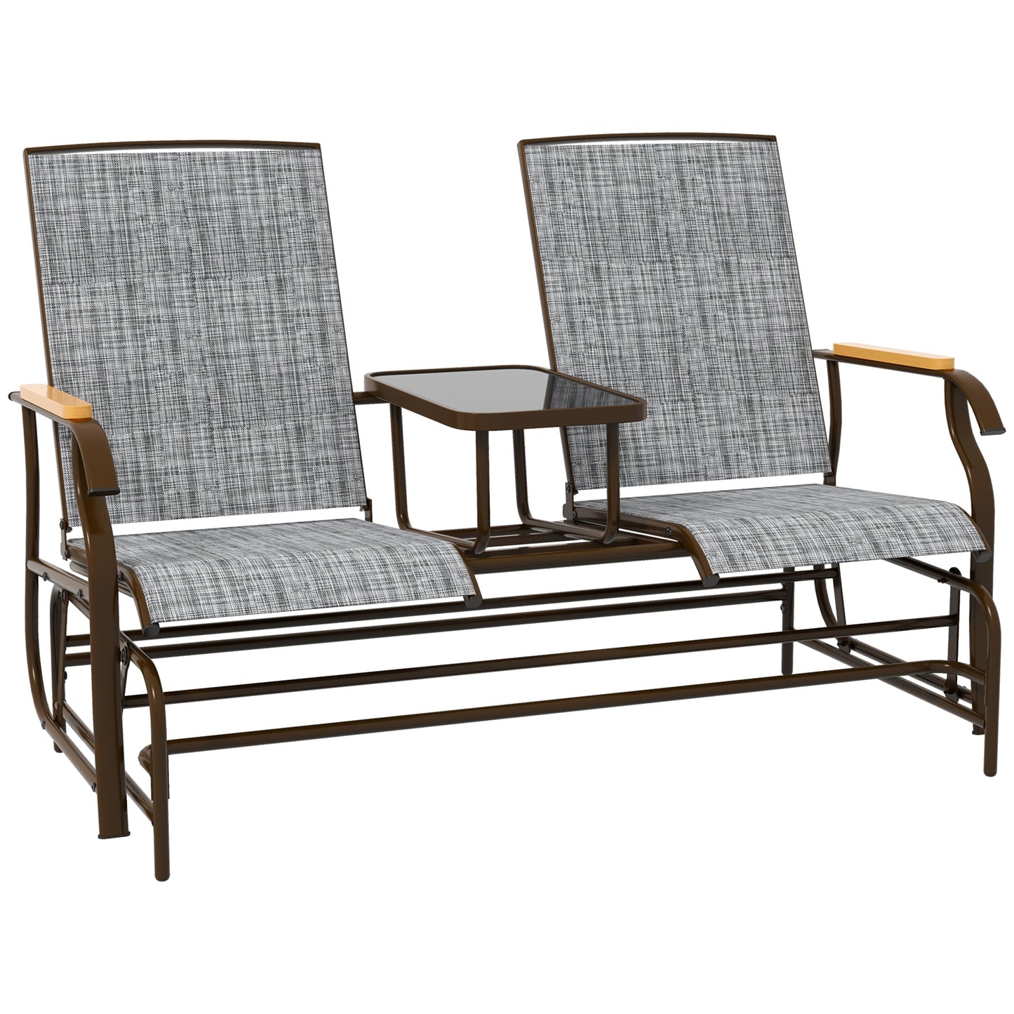 Outdoor Glider Bench with Tempered Glass Table, Breathable Mesh, 2-Person Rocking Glider Chair, Swing Loveseat Rocker, for Porch, Garden, Poolside, Balcony, Grey