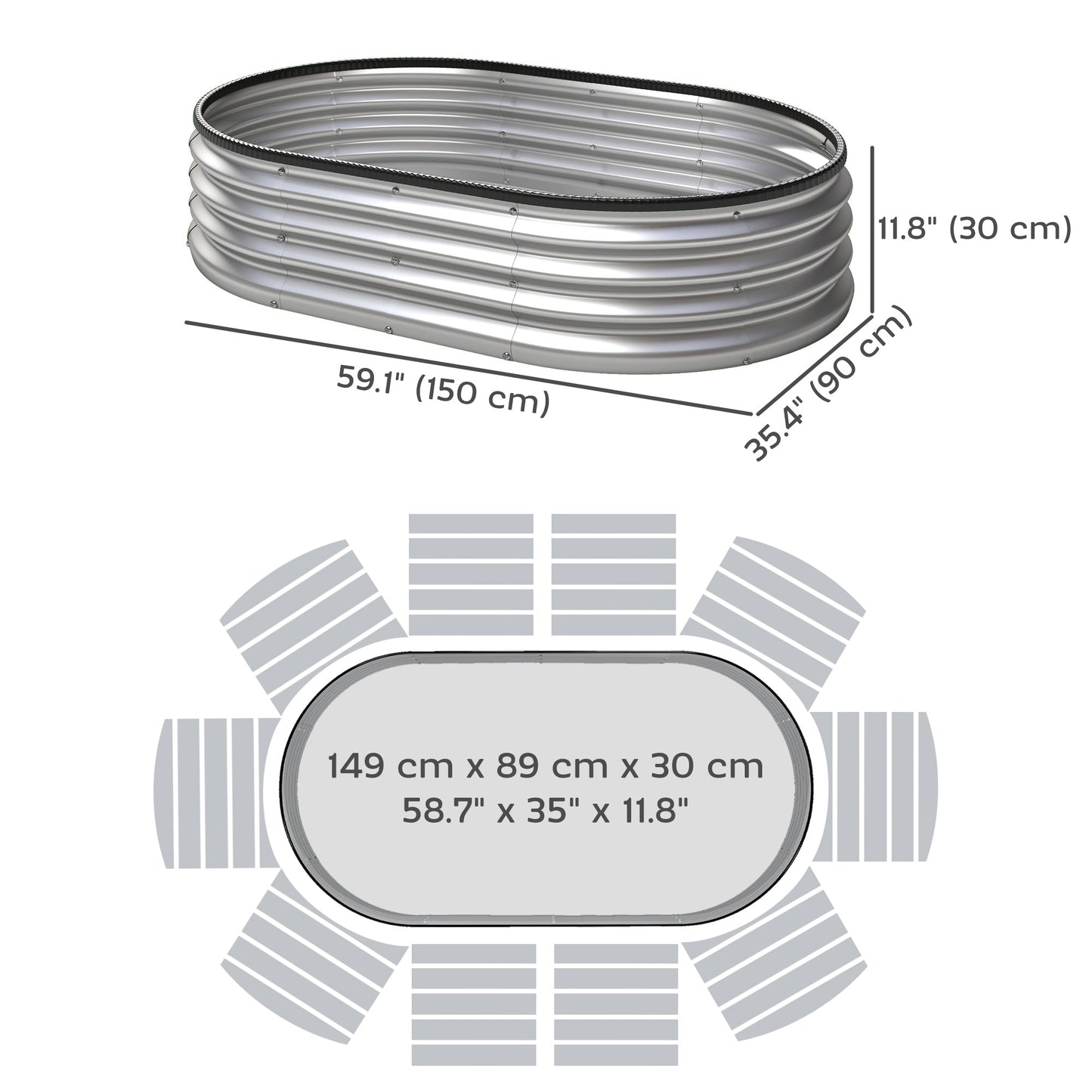 2Pcs Galvanized Raised Garden Bed, 5 x 3 x 1 ft Modular Metal Garden Beds with Rubber Strip Edging, Oval Outdoor Planter Box for Vegetables, Flowers, Herbs, Silver
