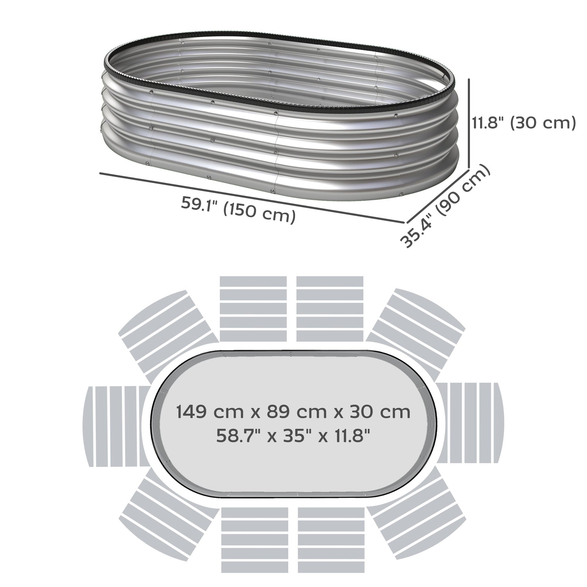 2Pcs Galvanized Raised Garden Bed, 5 x 3 x 1 ft Modular Metal Garden Beds with Rubber Strip Edging, Oval Outdoor Planter Box for Vegetables, Flowers, Herbs, Silver