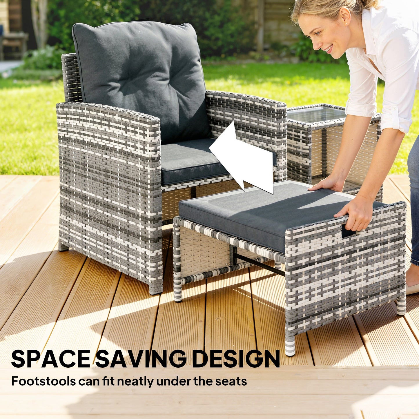 5 Piece Patio Furniture Set, Wicker Patio Chairs with Ottomans, 2-Tier Glass Coffee Table, Cushions, Outdoor Patio Furniture Conversation Set for Balcony, Grey/Dark Grey