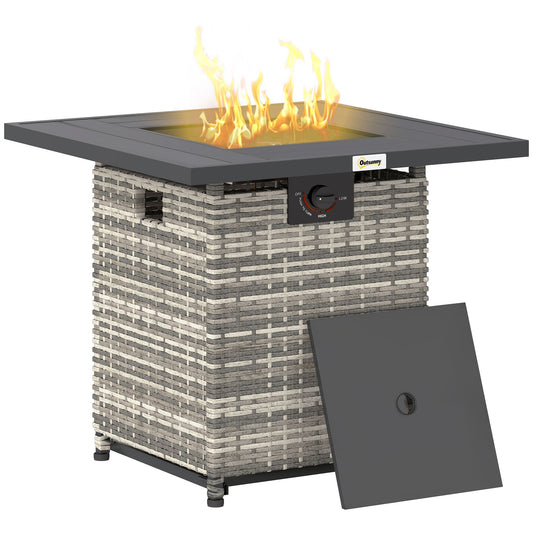 28 Inch Outdoor Propane Fire Pit Table, 40,000 BTU Rattan Gas Fire Pit Table with Rain Cover, Mesh Lid and Lava Stone, Square Propane Fire Table for Garden, Mixed Grey