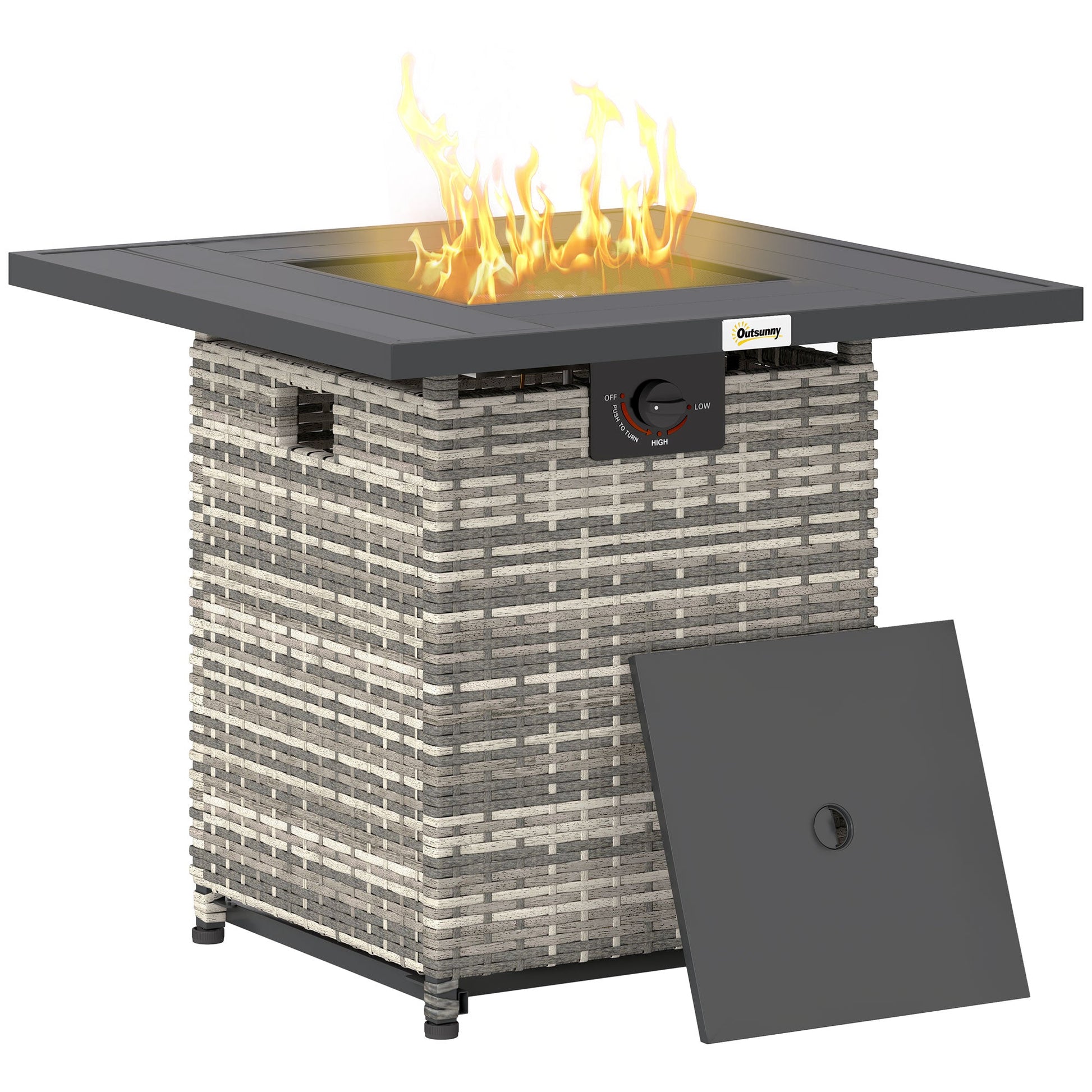 28 Inch Outdoor Propane Fire Pit Table, 40,000 BTU Rattan Gas Fire Pit Table with Rain Cover, Mesh Lid and Lava Stone, Square Propane Fire Table for Garden, Mixed Grey