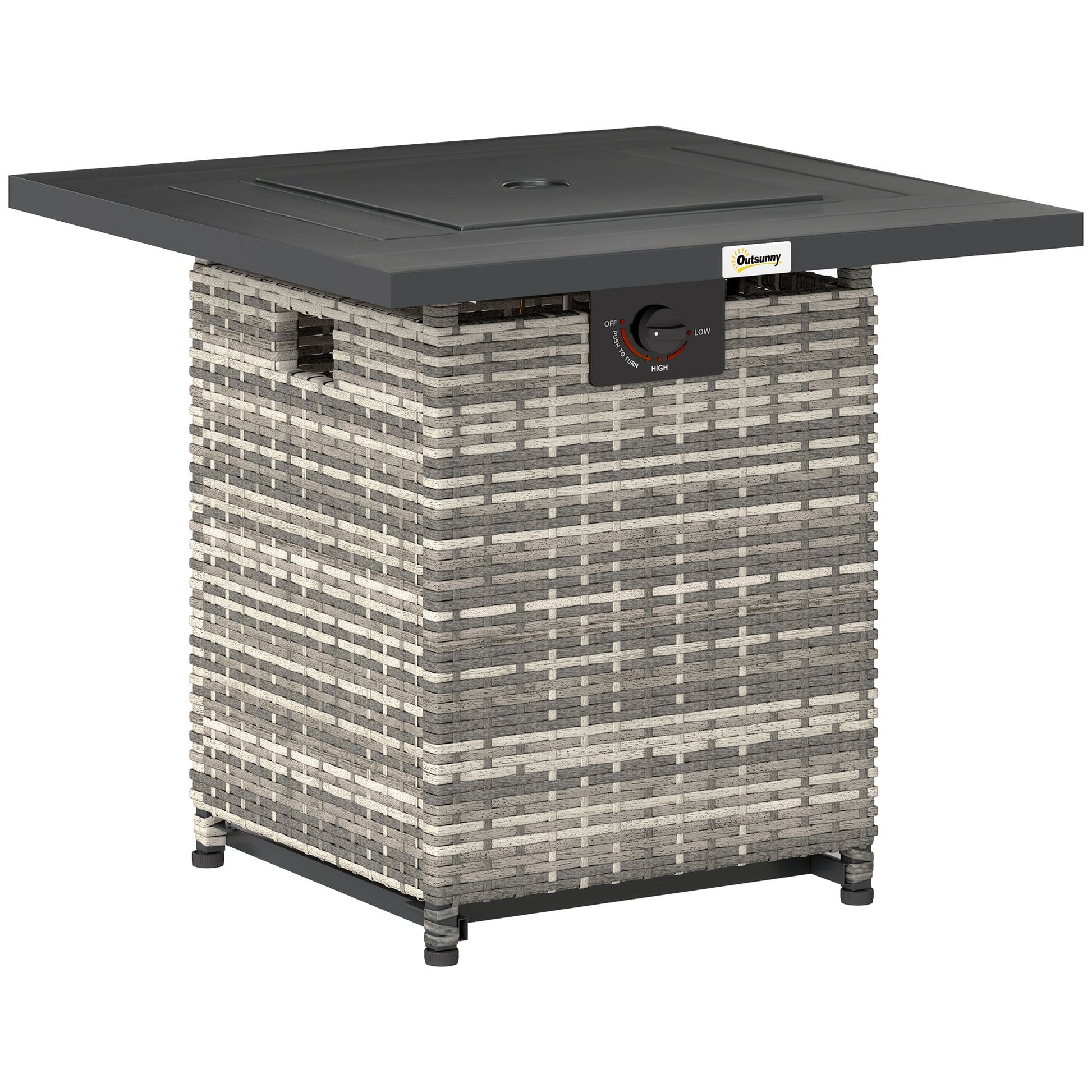 28 Inch Outdoor Propane Fire Pit Table, 40,000 BTU Rattan Gas Fire Pit Table with Rain Cover, Mesh Lid and Lava Stone, Square Propane Fire Table for Garden, Mixed Grey