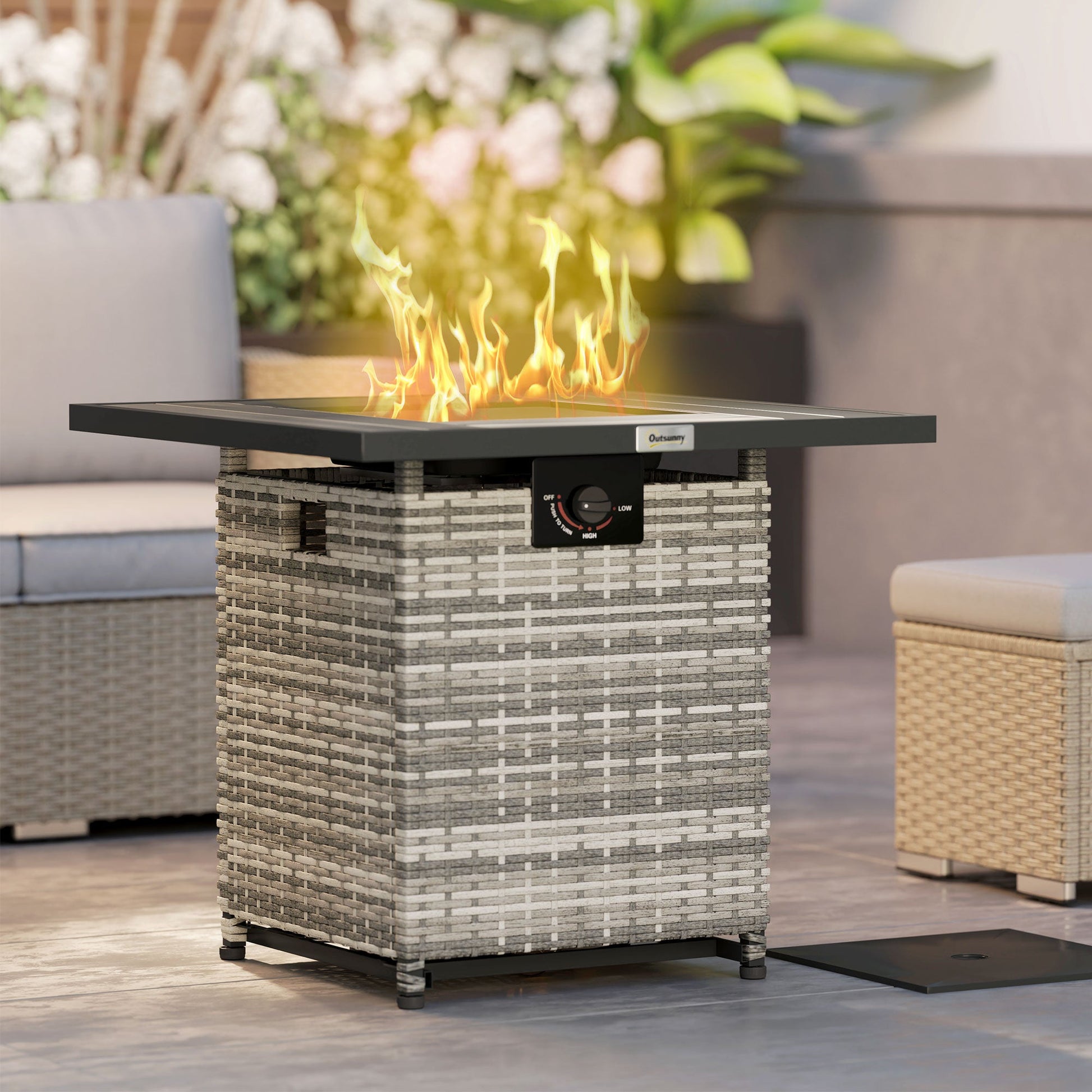 28 Inch Outdoor Propane Fire Pit Table, 40,000 BTU Rattan Gas Fire Pit Table with Rain Cover, Mesh Lid and Lava Stone, Square Propane Fire Table for Garden, Mixed Grey