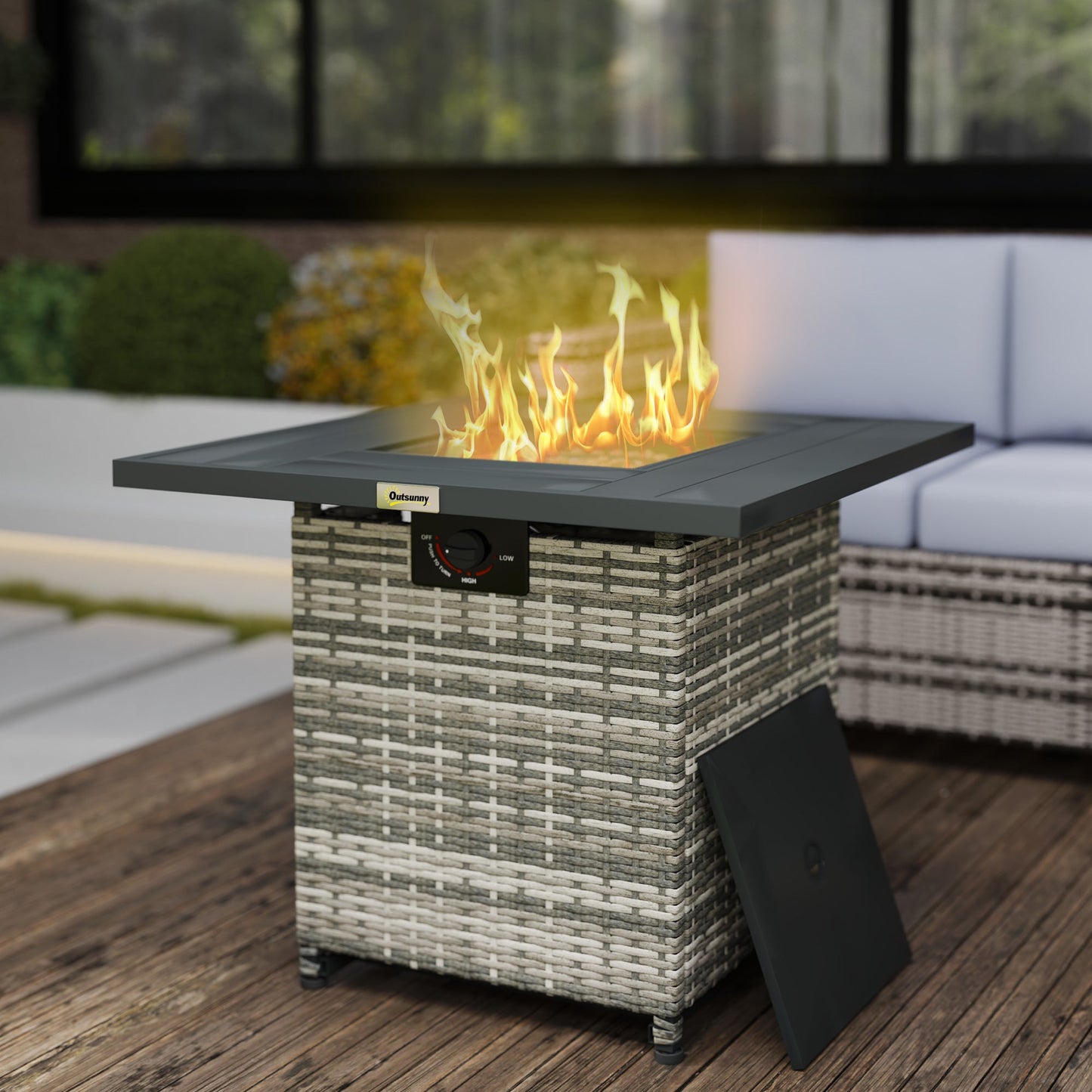 28 Inch Outdoor Propane Fire Pit Table, 40,000 BTU Rattan Gas Fire Pit Table with Rain Cover, Mesh Lid and Lava Stone, Square Propane Fire Table for Garden, Mixed Grey