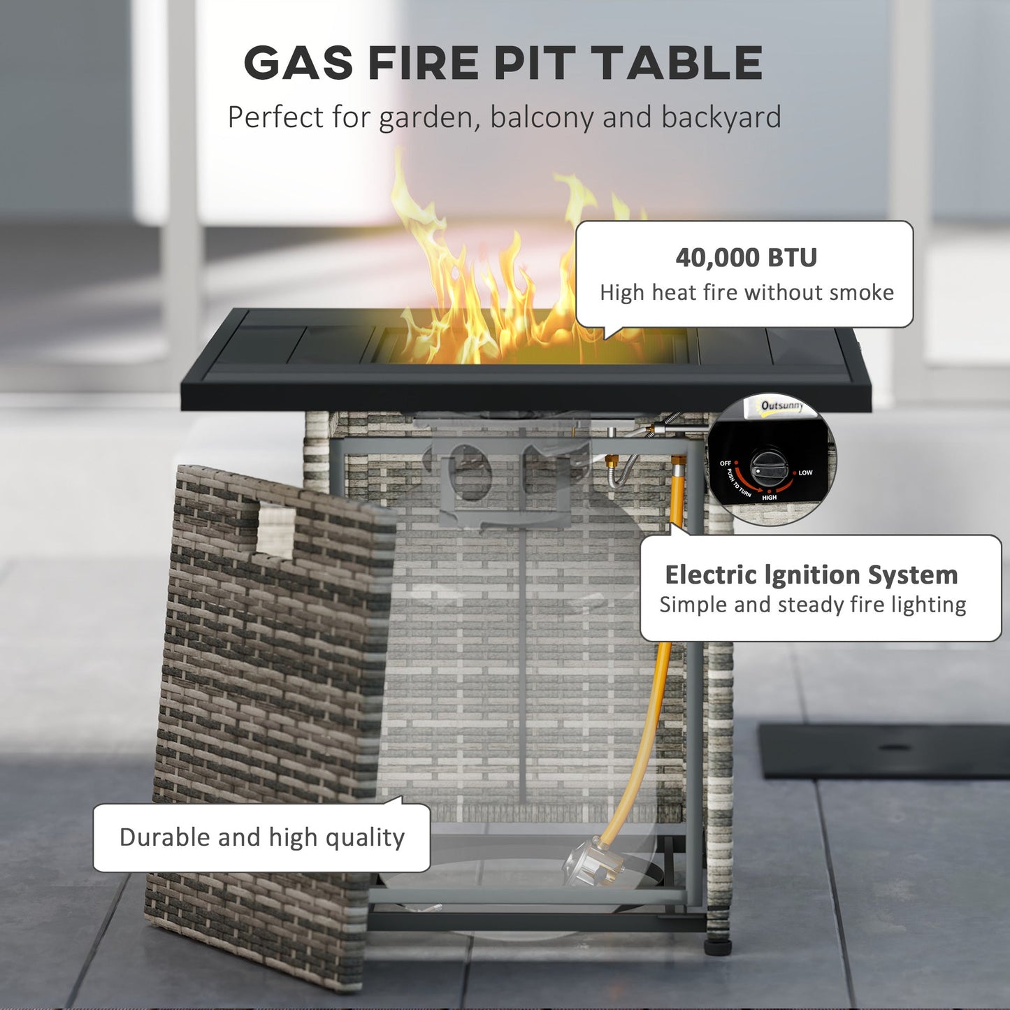 28 Inch Outdoor Propane Fire Pit Table, 40,000 BTU Rattan Gas Fire Pit Table with Rain Cover, Mesh Lid and Lava Stone, Square Propane Fire Table for Garden, Mixed Grey