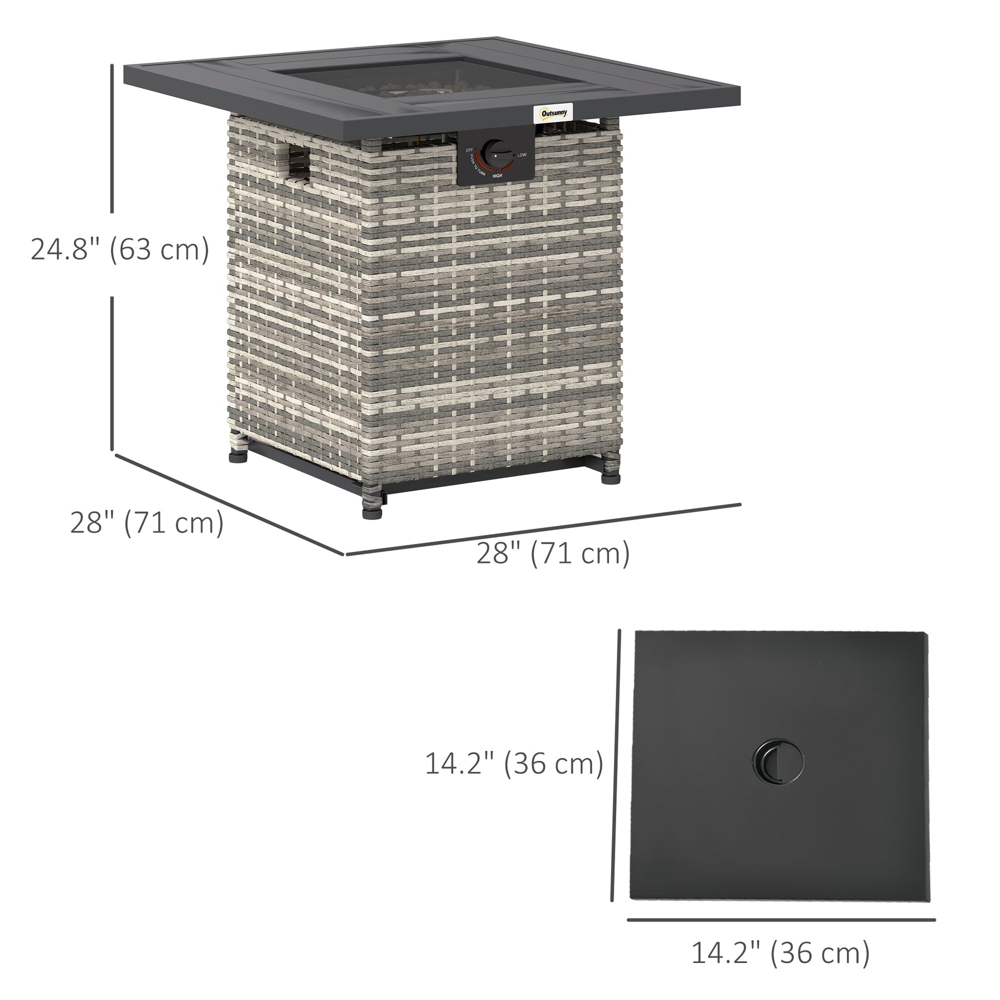 28 Inch Outdoor Propane Fire Pit Table, 40,000 BTU Rattan Gas Fire Pit Table with Rain Cover, Mesh Lid and Lava Stone, Square Propane Fire Table for Garden, Mixed Grey
