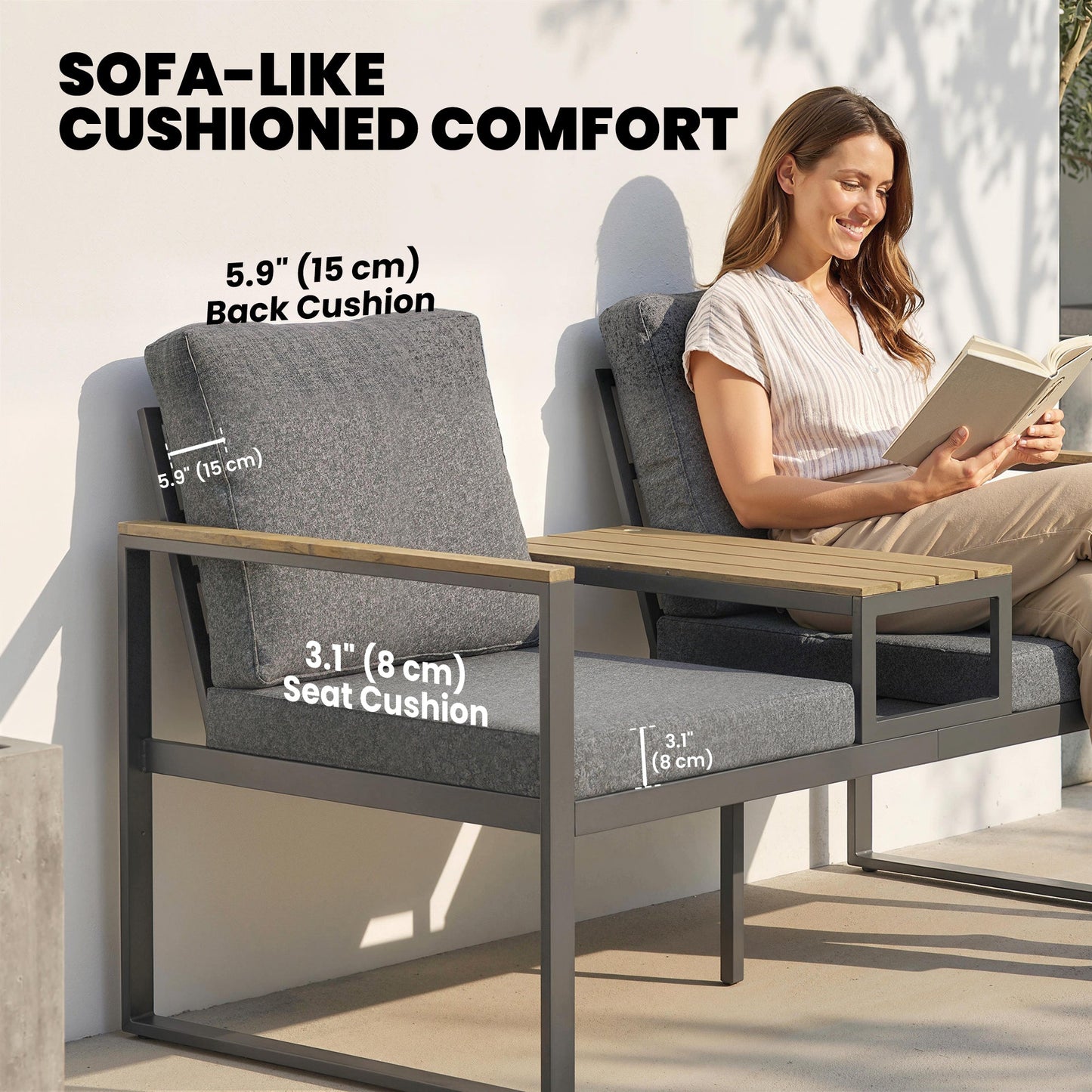 Outdoor Garden Bench, Patio Bench with Metal Frame, Integrated Center Table and Thick Cushions, 2-Seat Patio Loveseat, Light Grey
