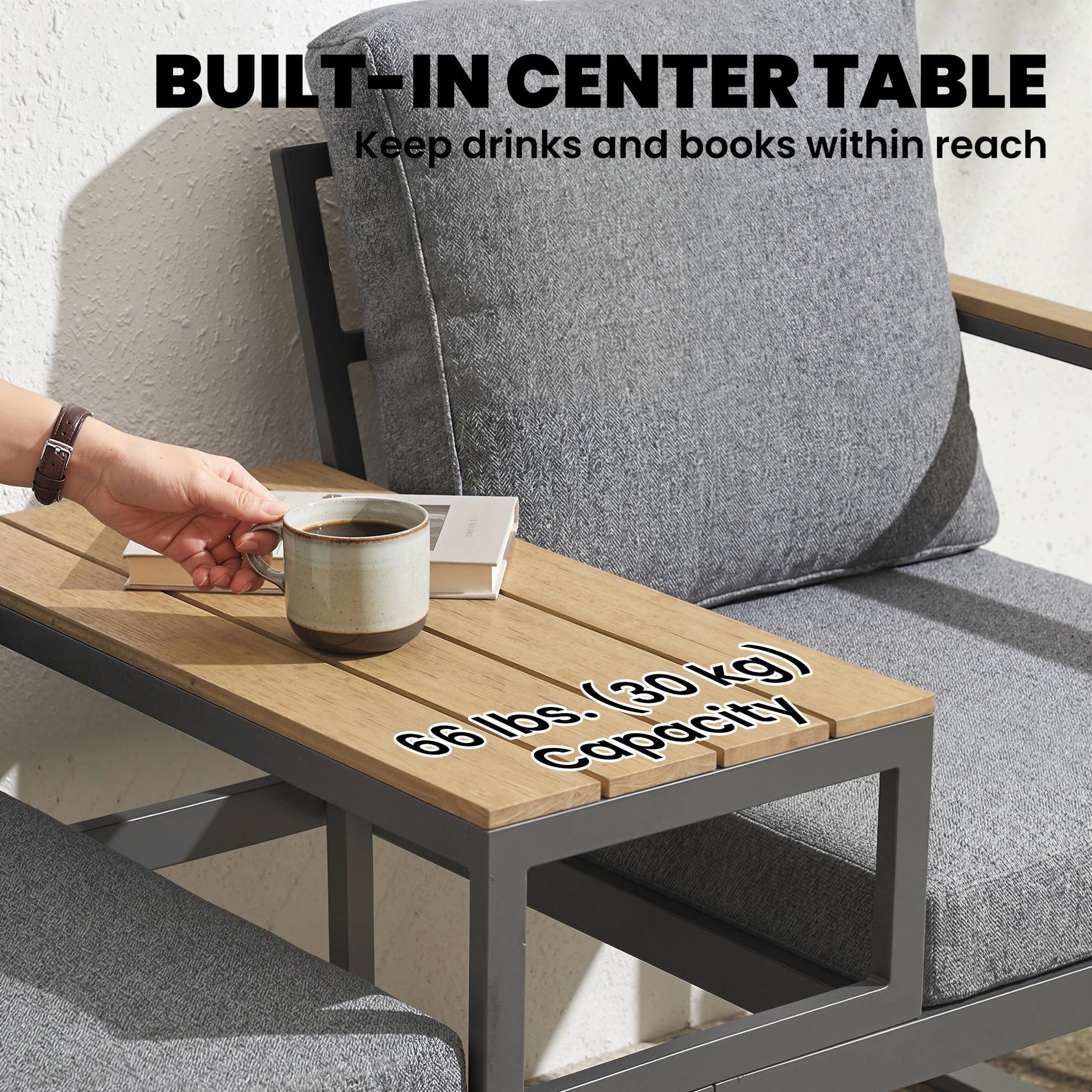 Outdoor Garden Bench, Patio Bench with Metal Frame, Integrated Center Table and Thick Cushions, 2-Seat Patio Loveseat, Light Grey