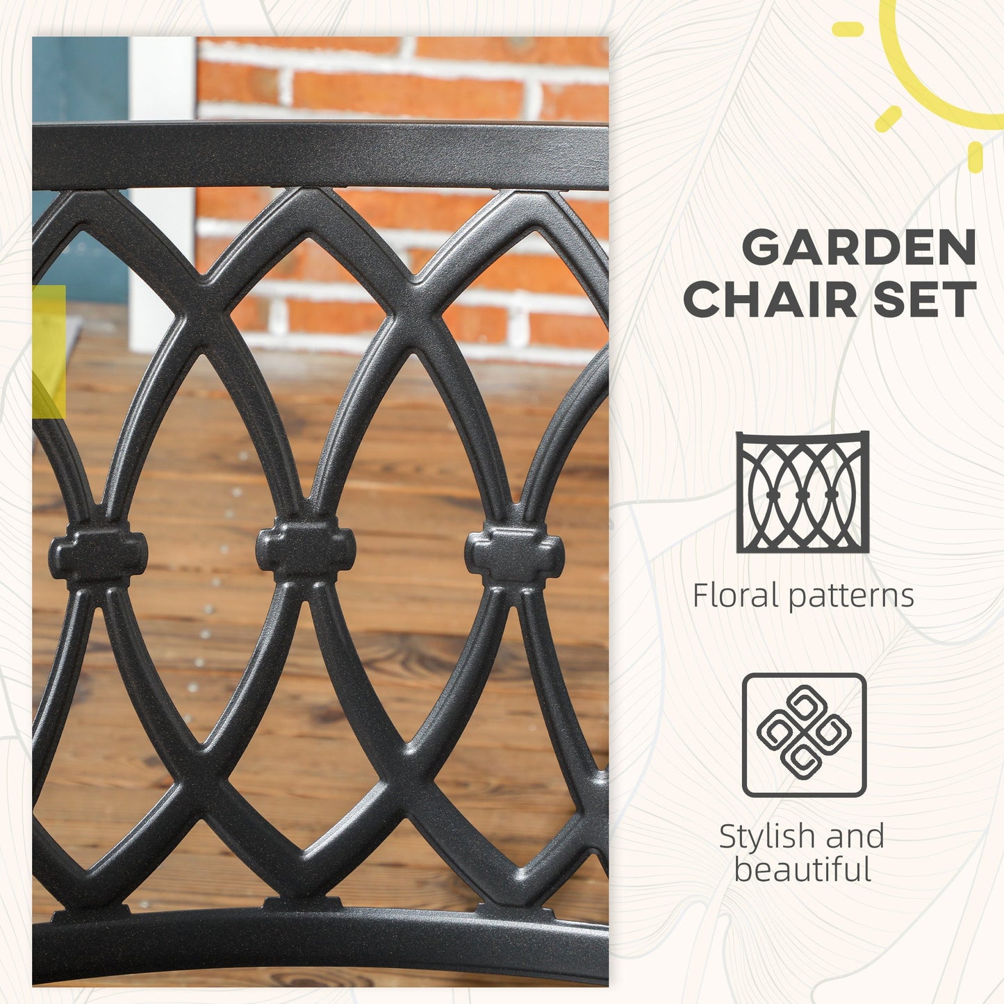 2 Pieces Patio Dining Chairs with Floral Patterns Backrest, Stackable Design Outdoor Armchair for 2 with Slatted Seat, for Balcony, Deck, Lawn, Black