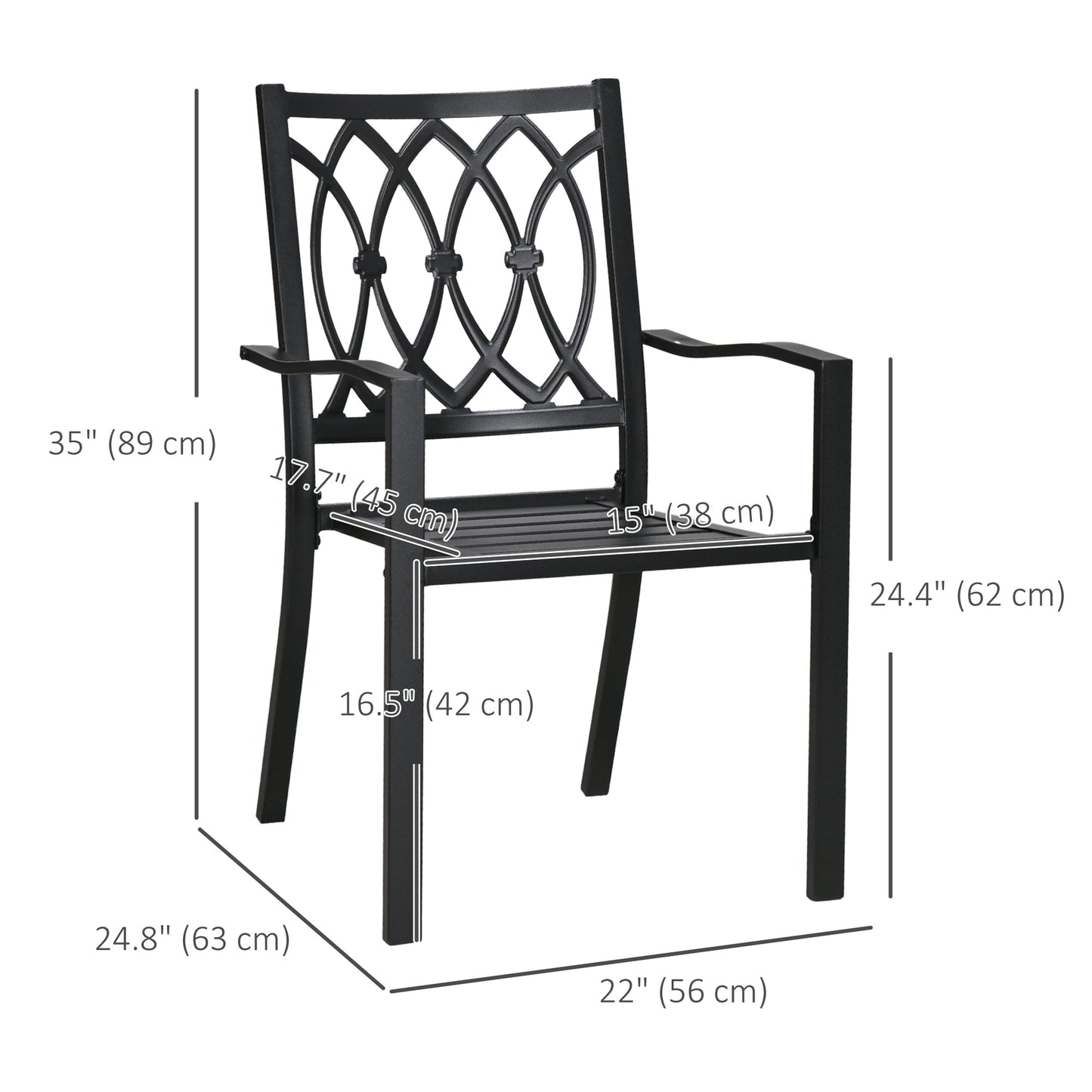 2 Pieces Patio Dining Chairs with Floral Patterns Backrest, Stackable Design Outdoor Armchair for 2 with Slatted Seat, for Balcony, Deck, Lawn, Black
