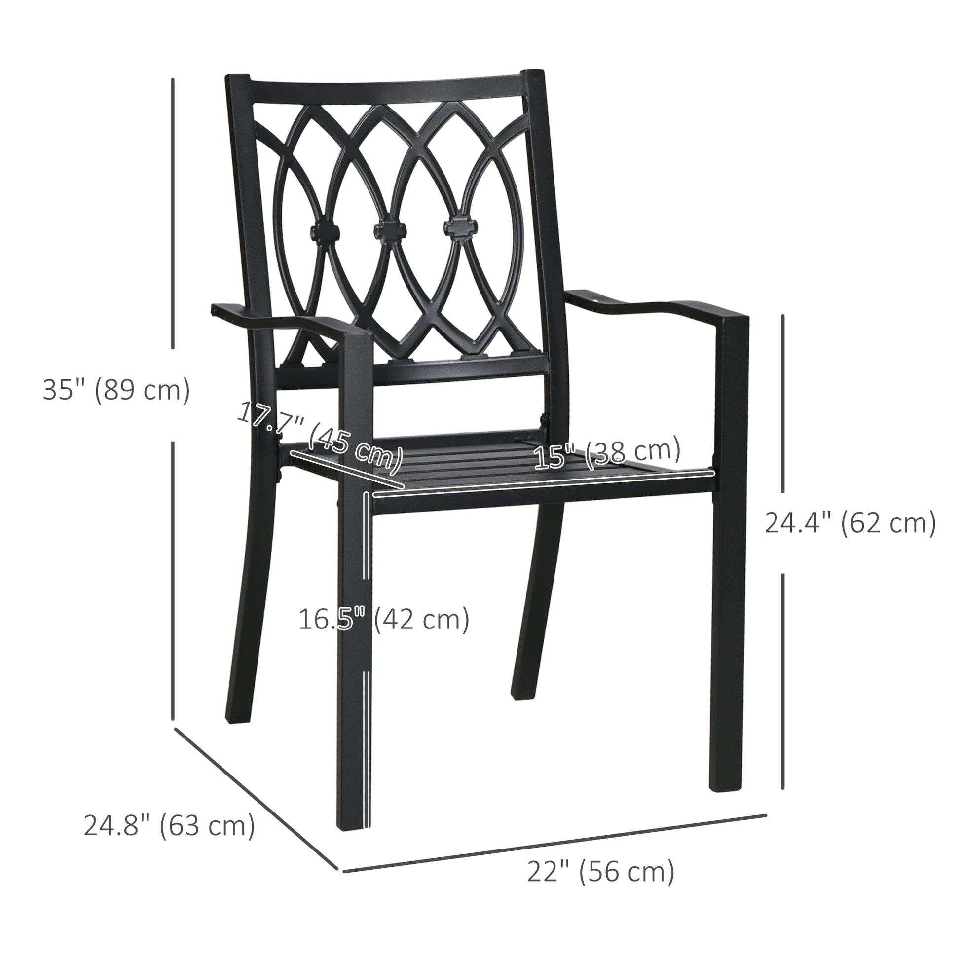 2 Pieces Patio Dining Chairs with Floral Patterns Backrest, Stackable Design Outdoor Armchair for 2 with Slatted Seat, for Balcony, Deck, Lawn, Black