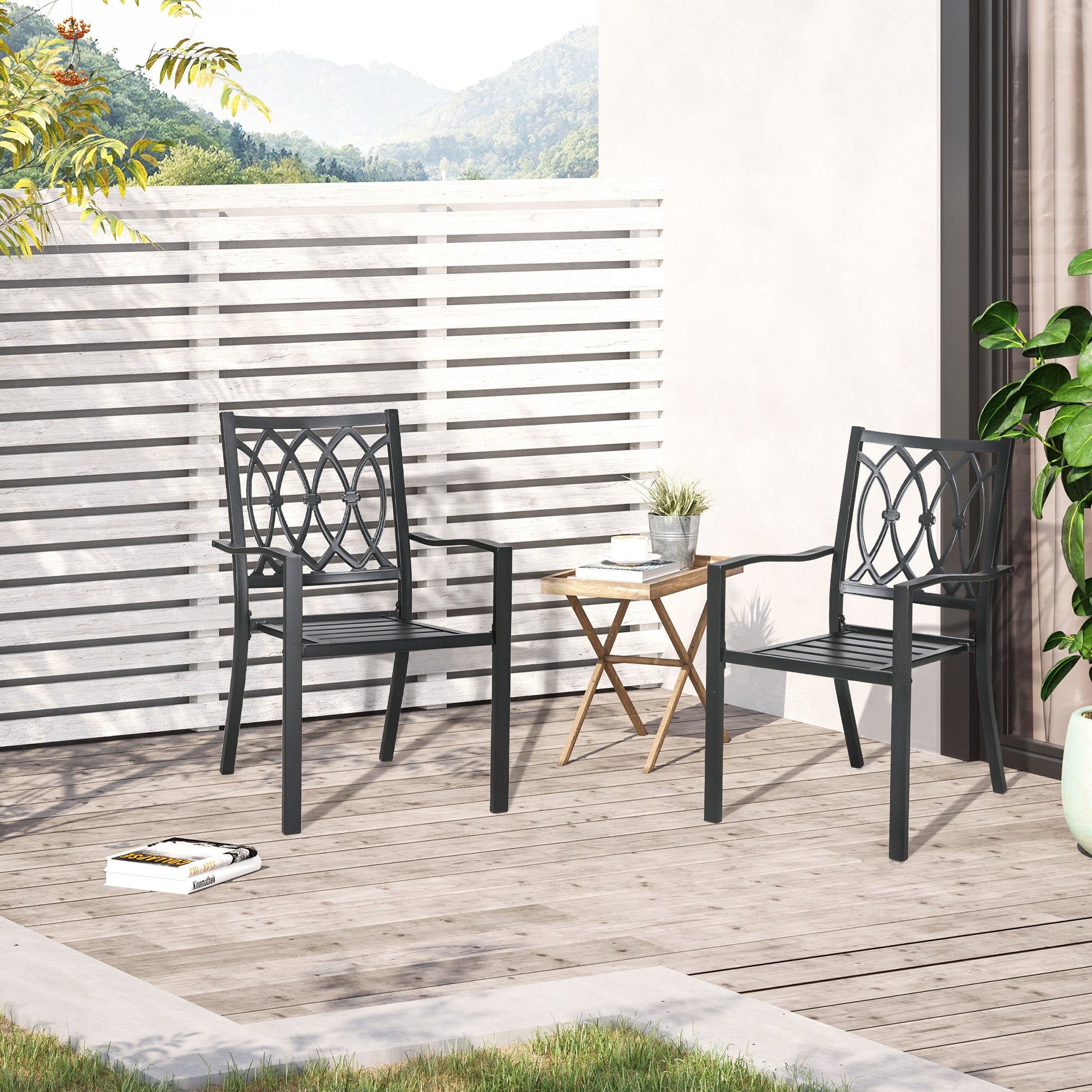 2 Pieces Patio Dining Chairs with Floral Patterns Backrest, Stackable Design Outdoor Armchair for 2 with Slatted Seat, for Balcony, Deck, Lawn, Black