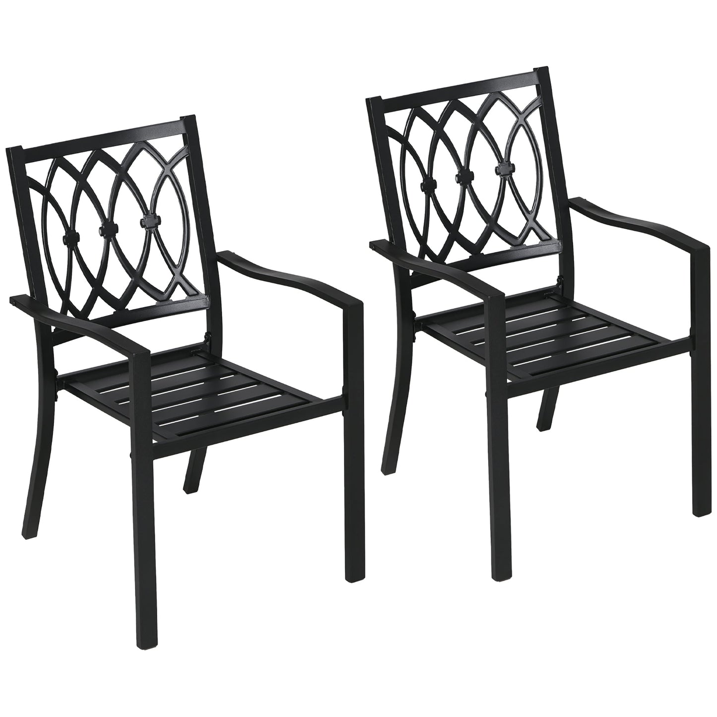 2 Pieces Patio Dining Chairs with Floral Patterns Backrest, Stackable Design Outdoor Armchair for 2 with Slatted Seat, for Balcony, Deck, Lawn, Black
