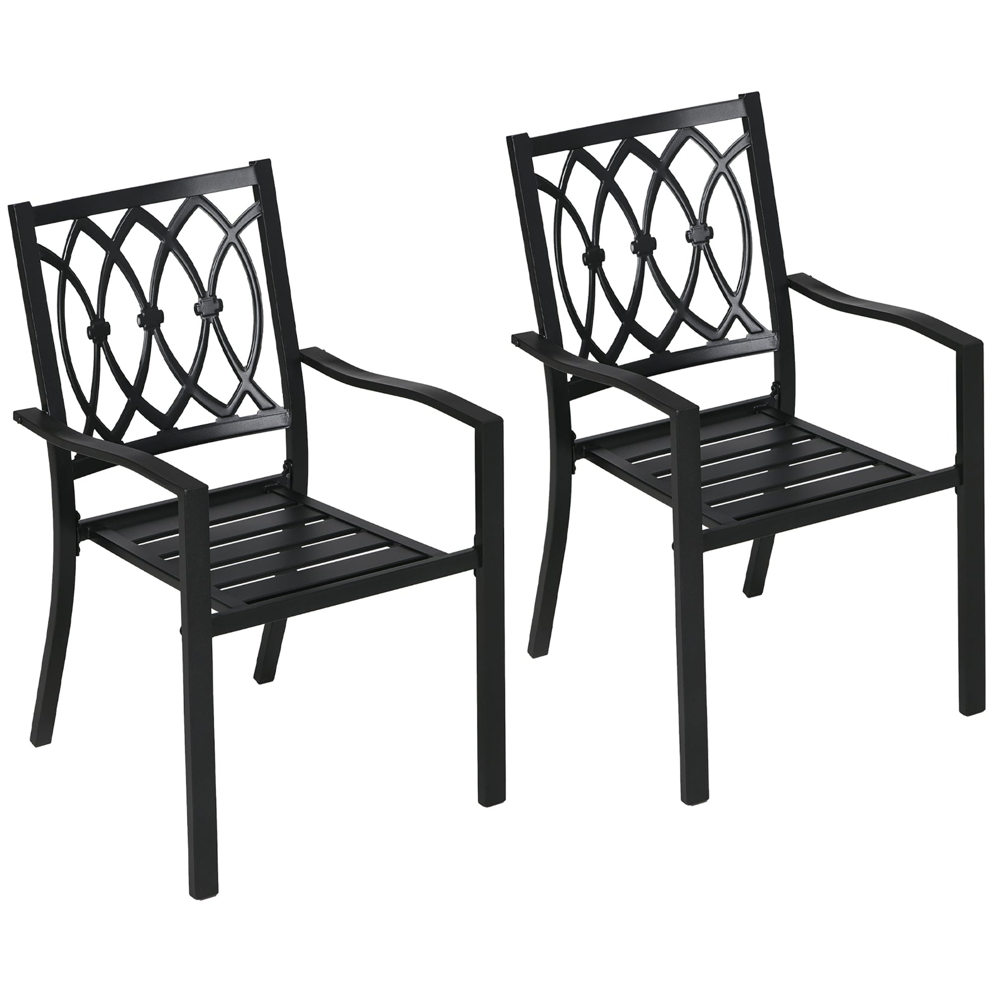 2 Pieces Patio Dining Chairs with Floral Patterns Backrest, Stackable Design Outdoor Armchair for 2 with Slatted Seat, for Balcony, Deck, Lawn, Black