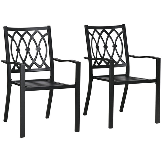 2 Pieces Patio Dining Chairs with Floral Patterns Backrest, Stackable Design Outdoor Armchair for 2 with Slatted Seat, for Balcony, Deck, Lawn, Black