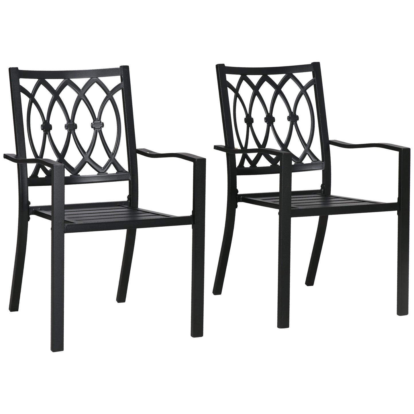 2 Pieces Patio Dining Chairs with Floral Patterns Backrest, Stackable Design Outdoor Armchair for 2 with Slatted Seat, for Balcony, Deck, Lawn, Black