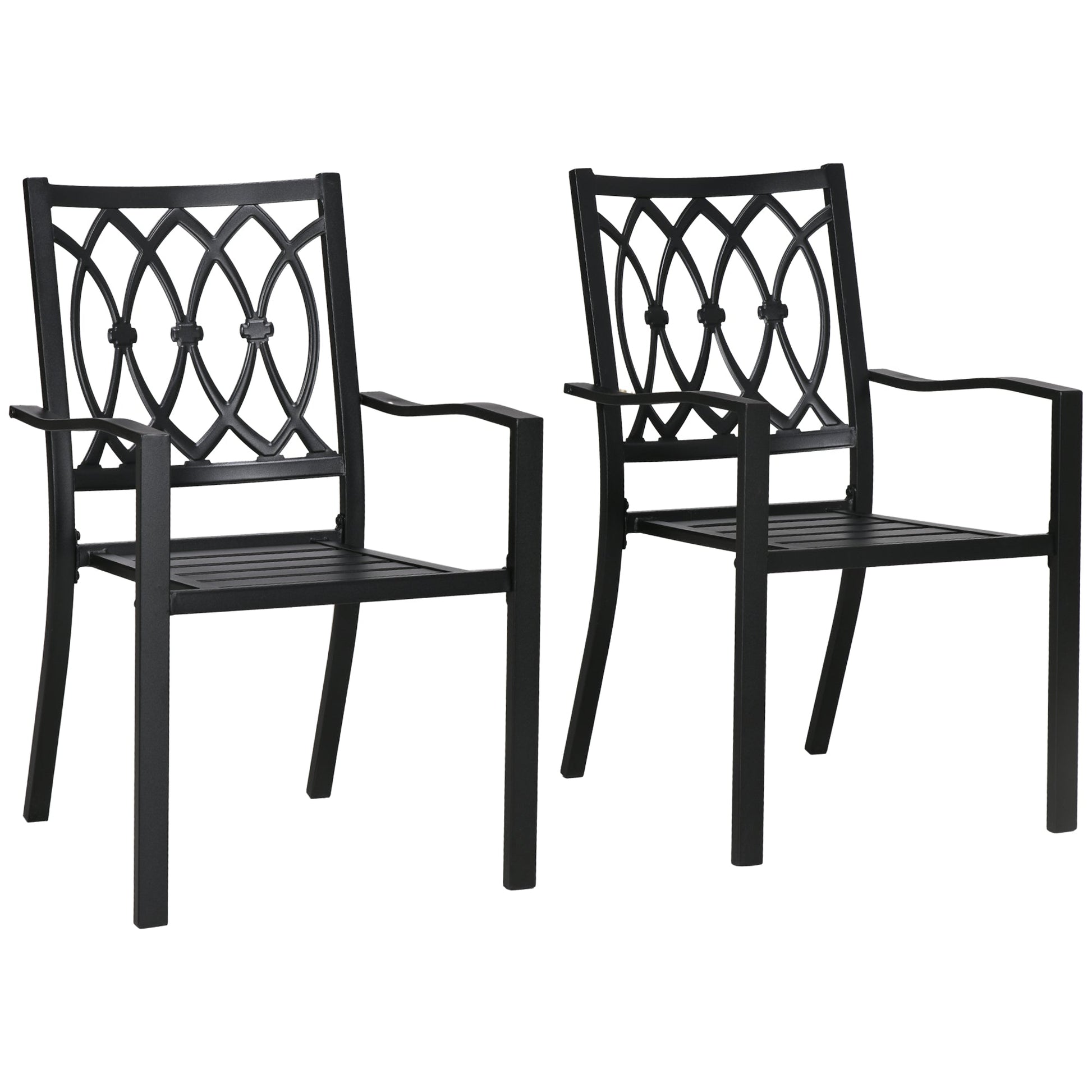2 Pieces Patio Dining Chairs with Floral Patterns Backrest, Stackable Design Outdoor Armchair for 2 with Slatted Seat, for Balcony, Deck, Lawn, Black
