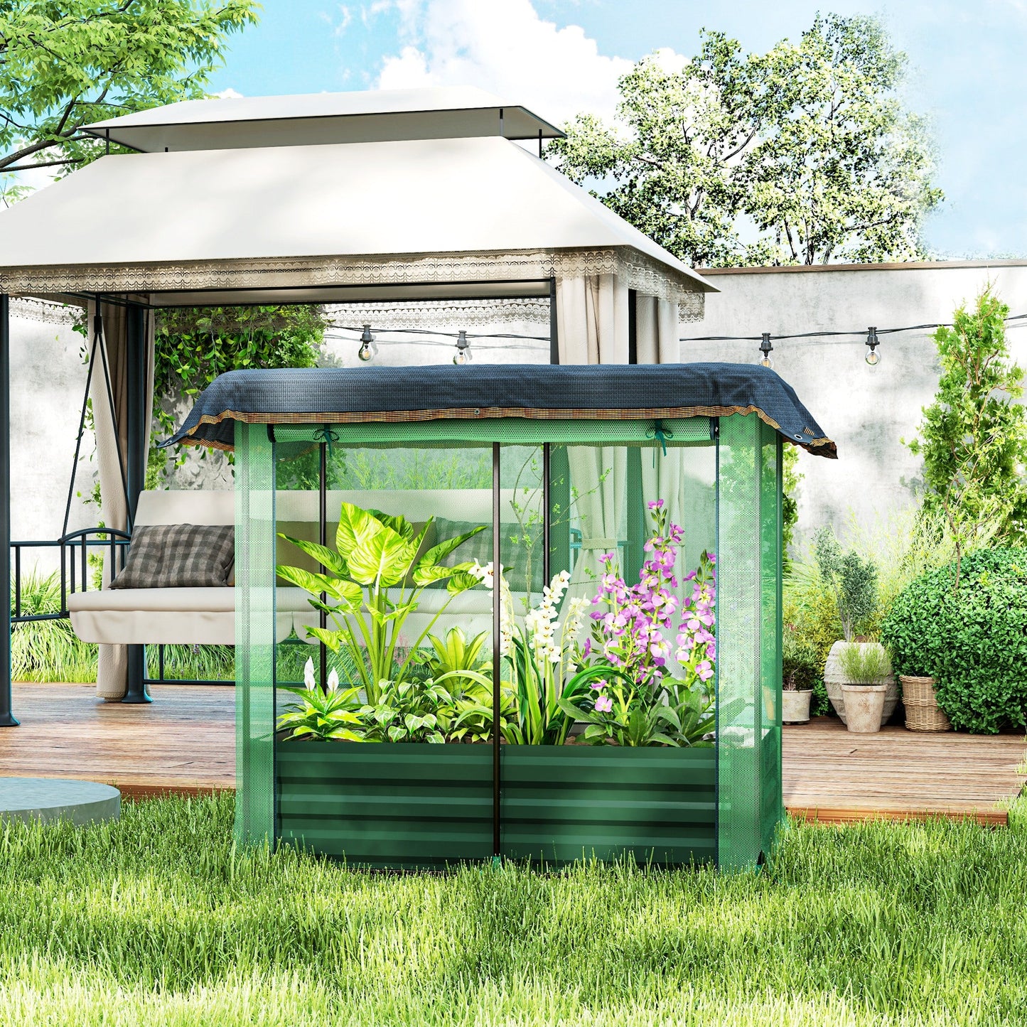 4.1 x 2.1ft Galvanized Raised Garden Bed with Cover, Metal Planter Box with Crop Cage Plant Protection Net and Shade Cloth, for Vegetables, Flowers, Herbs, Green