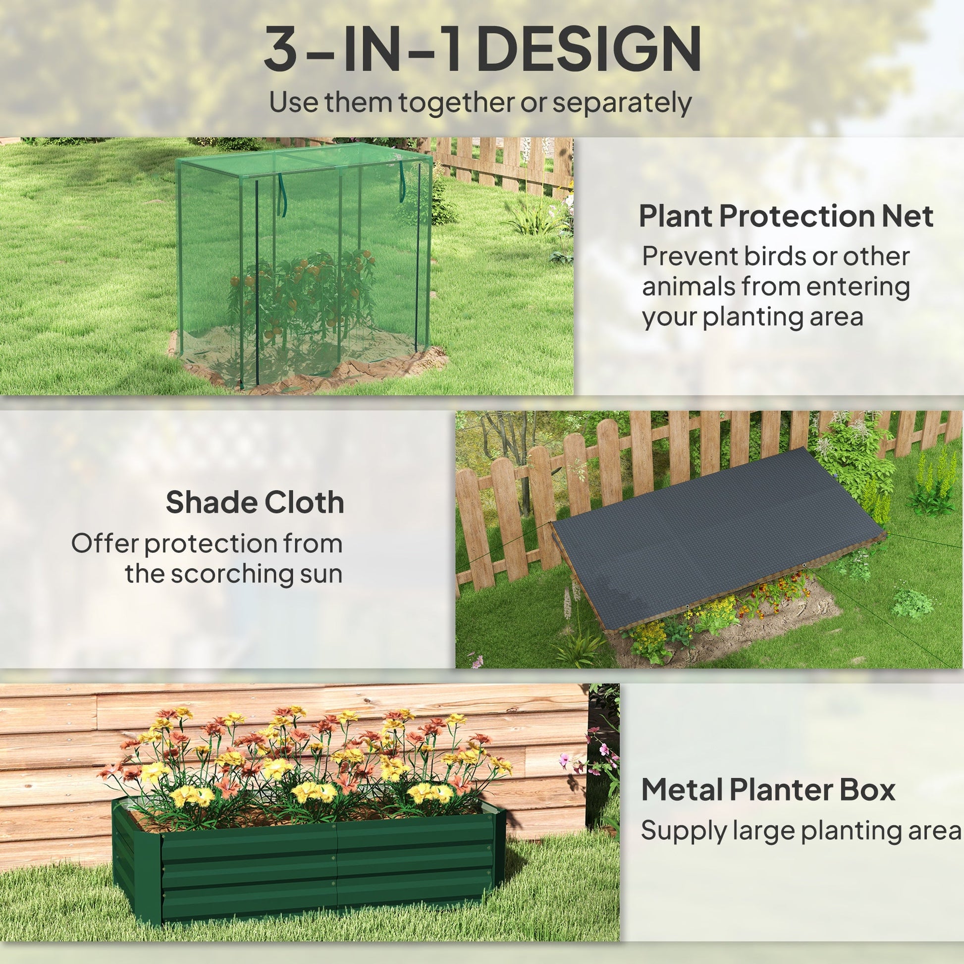 4.1 x 2.1ft Galvanized Raised Garden Bed with Cover, Metal Planter Box with Crop Cage Plant Protection Net and Shade Cloth, for Vegetables, Flowers, Herbs, Green
