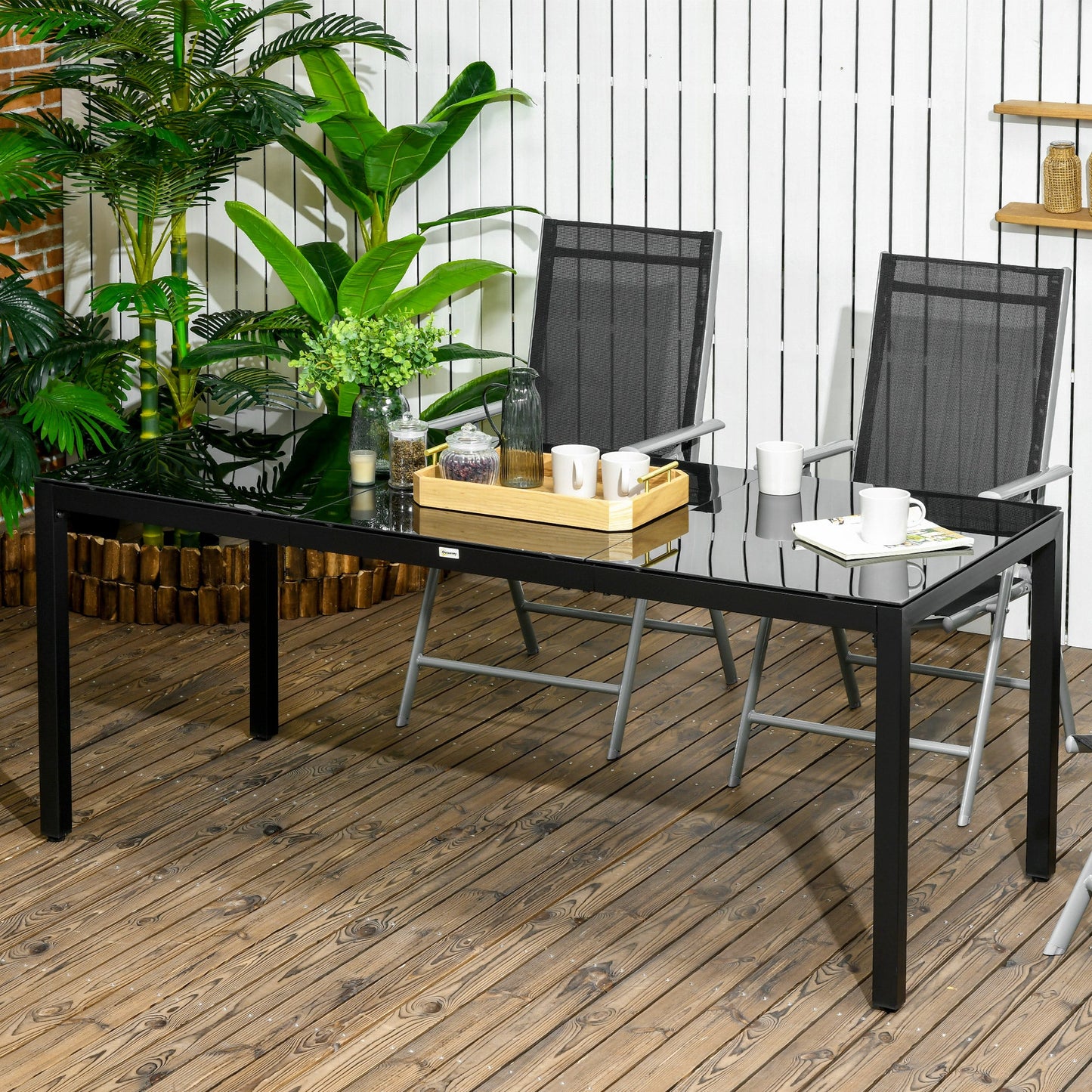 Rectangular Outdoor Dining Table for 8 People with Tempered Glass Top and Aluminum Frame, Black 70.9" x 31.5" x 28.3"