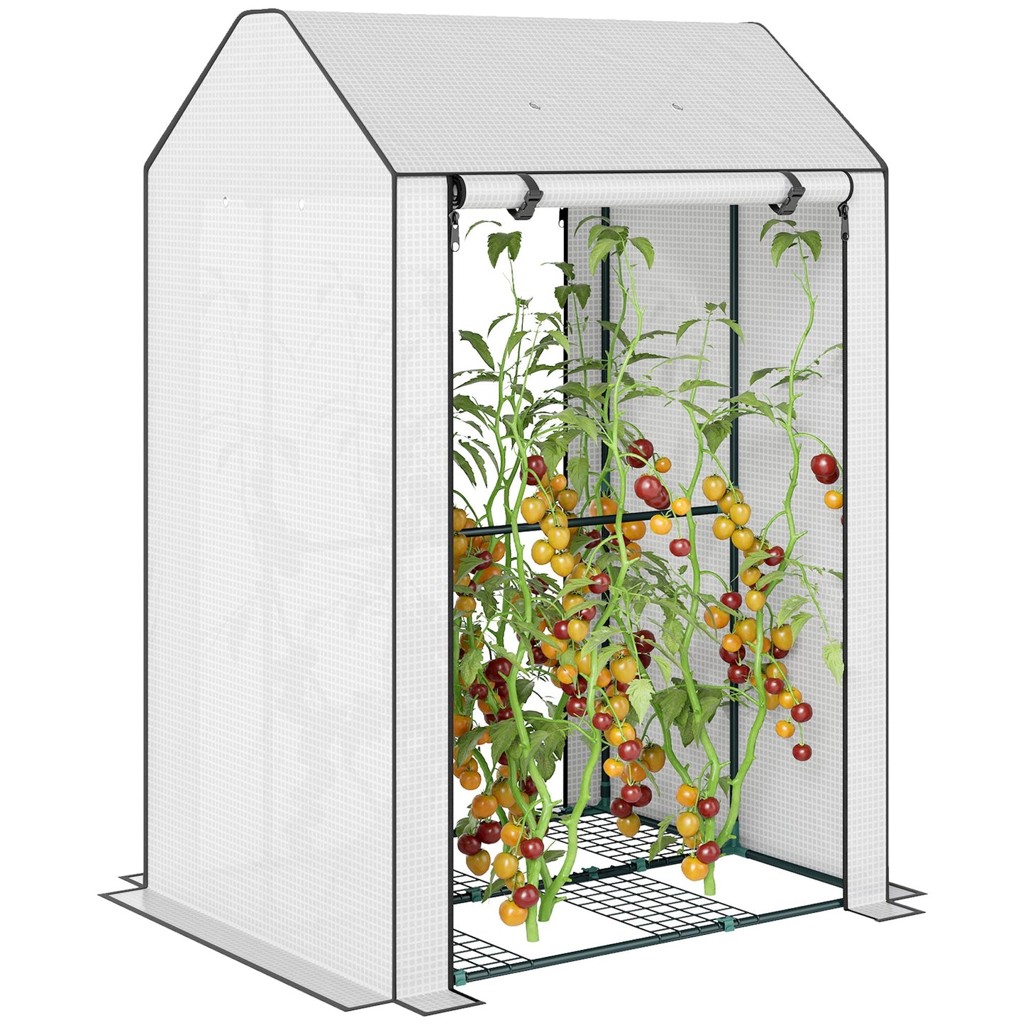 Mini Greenhouse with 4 Wire Shelves, Portable Tomato Greenhouse, 39.4" x 31.5" x 59.1" Garden Hot House with Roll Up Door and Vents, White
