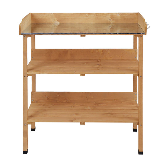 Outdoor Potting Bench, Wooden Potting Table with Storage Shelf, Metal Table Top, Hooks for Backyard, Patio, Balcony, Natural