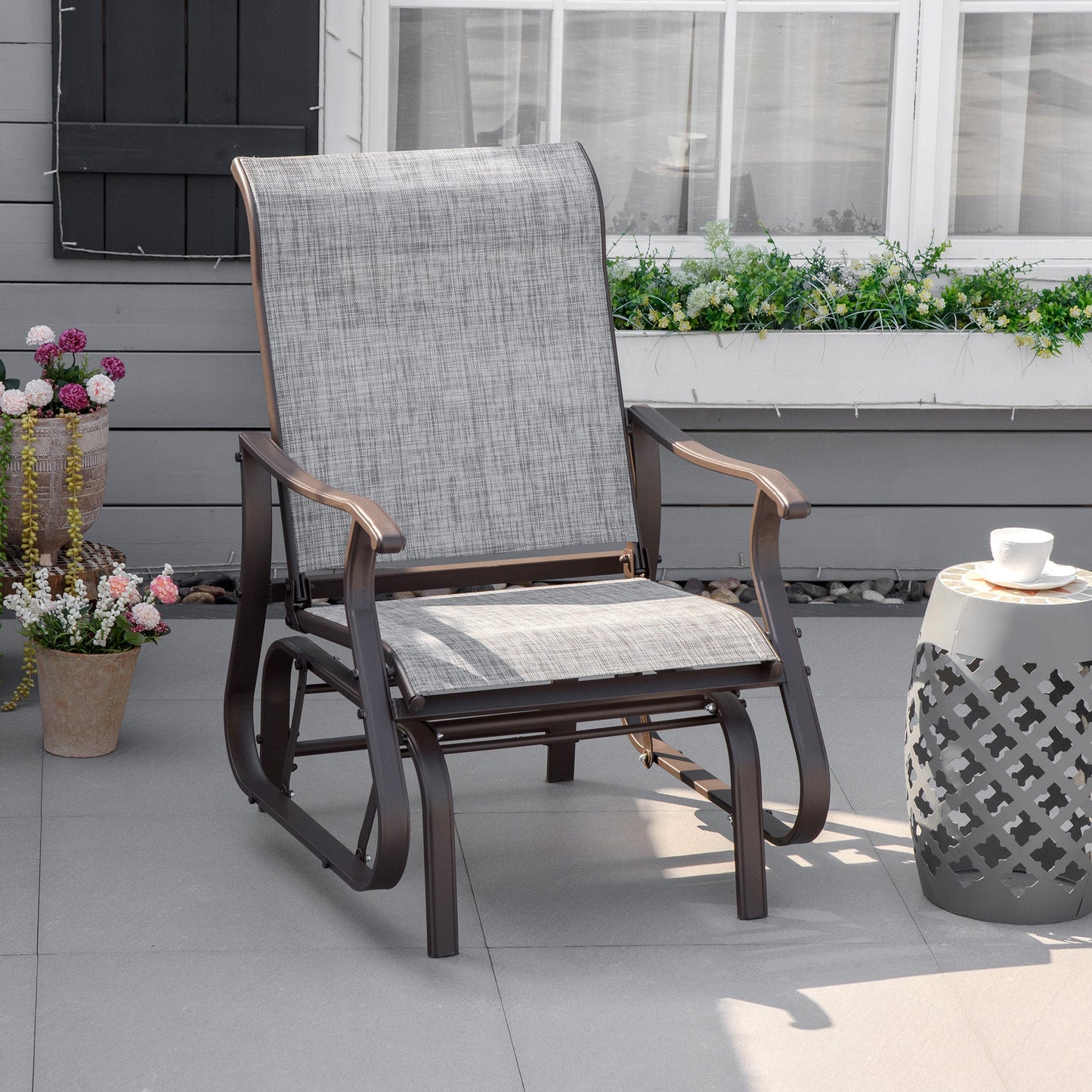 Outdoor Glider Chair, Patio Glider with Steel Frame and Mesh Fabric, Garden Chair for Backyard, Garden, and Porch, Grey