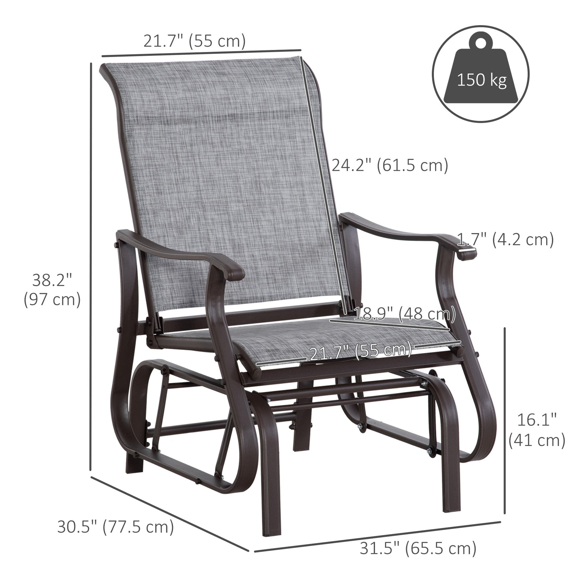 Outdoor Glider Chair, Patio Glider with Steel Frame and Mesh Fabric, Garden Chair for Backyard, Garden, and Porch, Grey