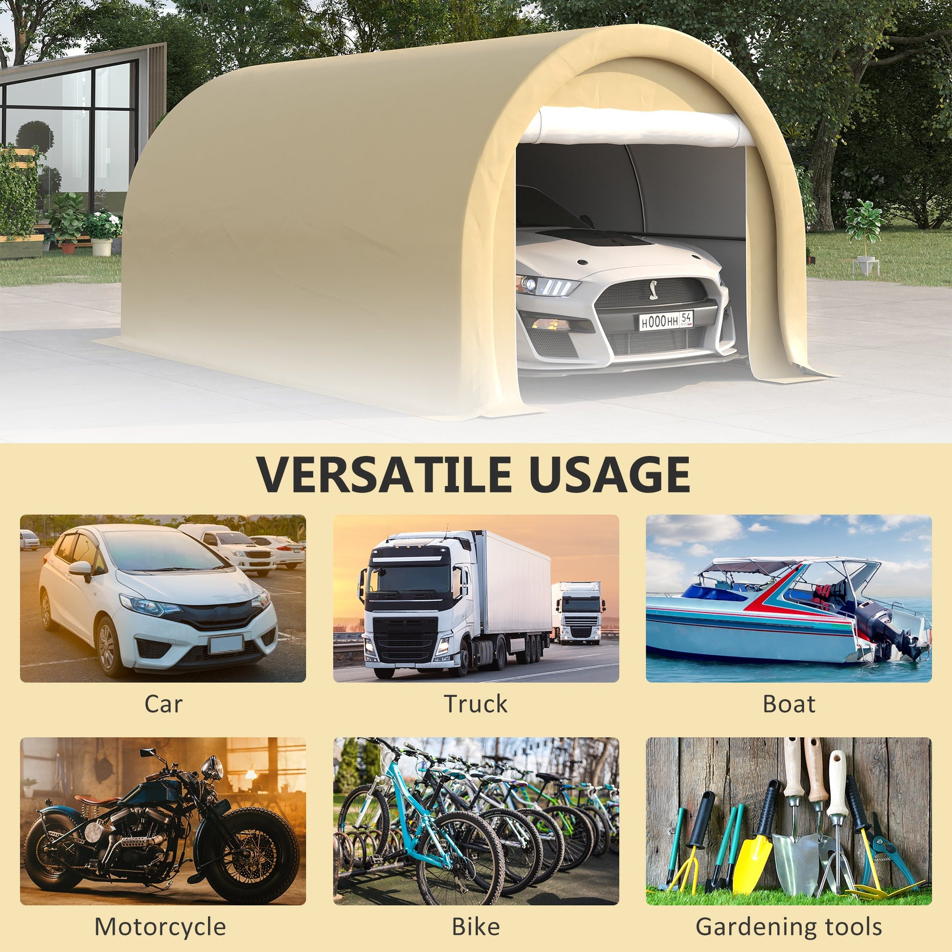 10' x 16' Carport, Heavy Duty Portable Garage / Storage Tent with Large Zippered Door, Anti-UV PE Canopy Cover for Car, Boat, Motorcycle, Bike, Garden Tools, Beige