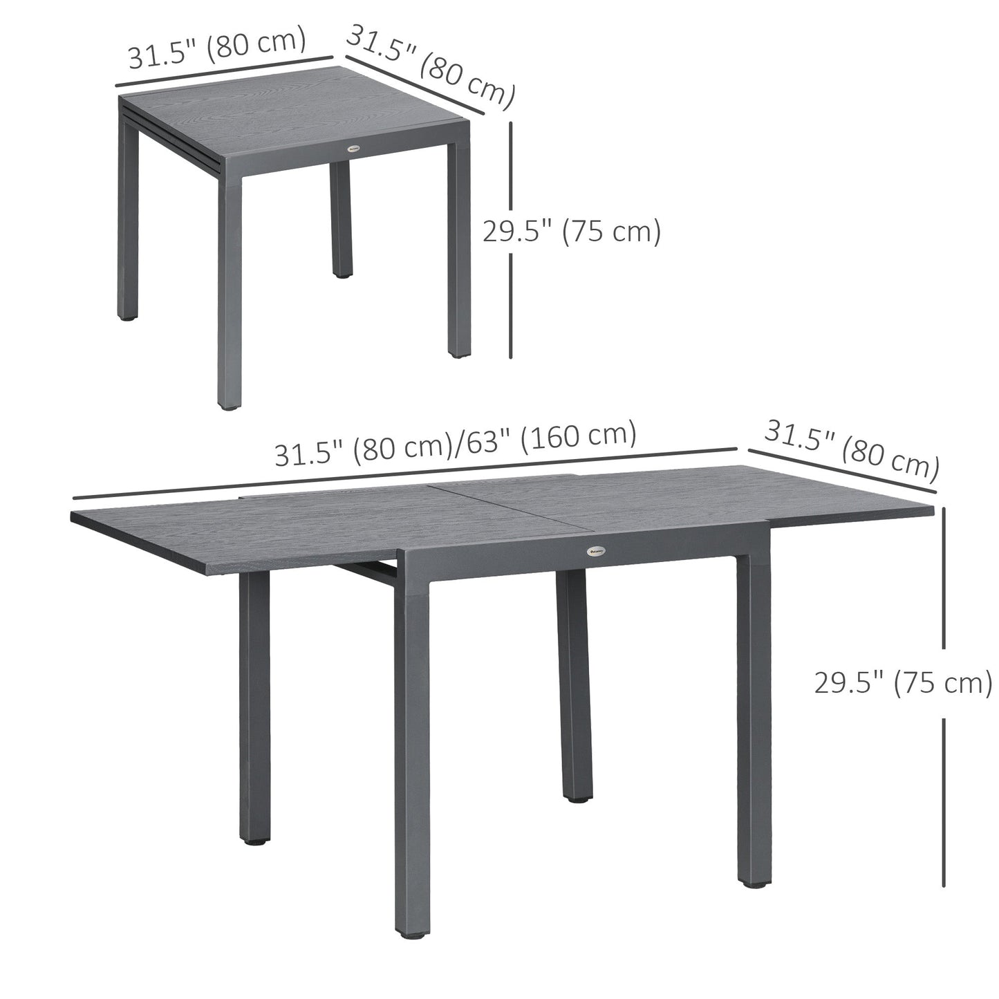 Extendable Outdoor Dining Table for 4-6, 31.5"-63" Rectangle Patio Table with Aluminium Frame, Steel Tabletop, for Garden, Backyard, Balcony, Deck, Dark Grey