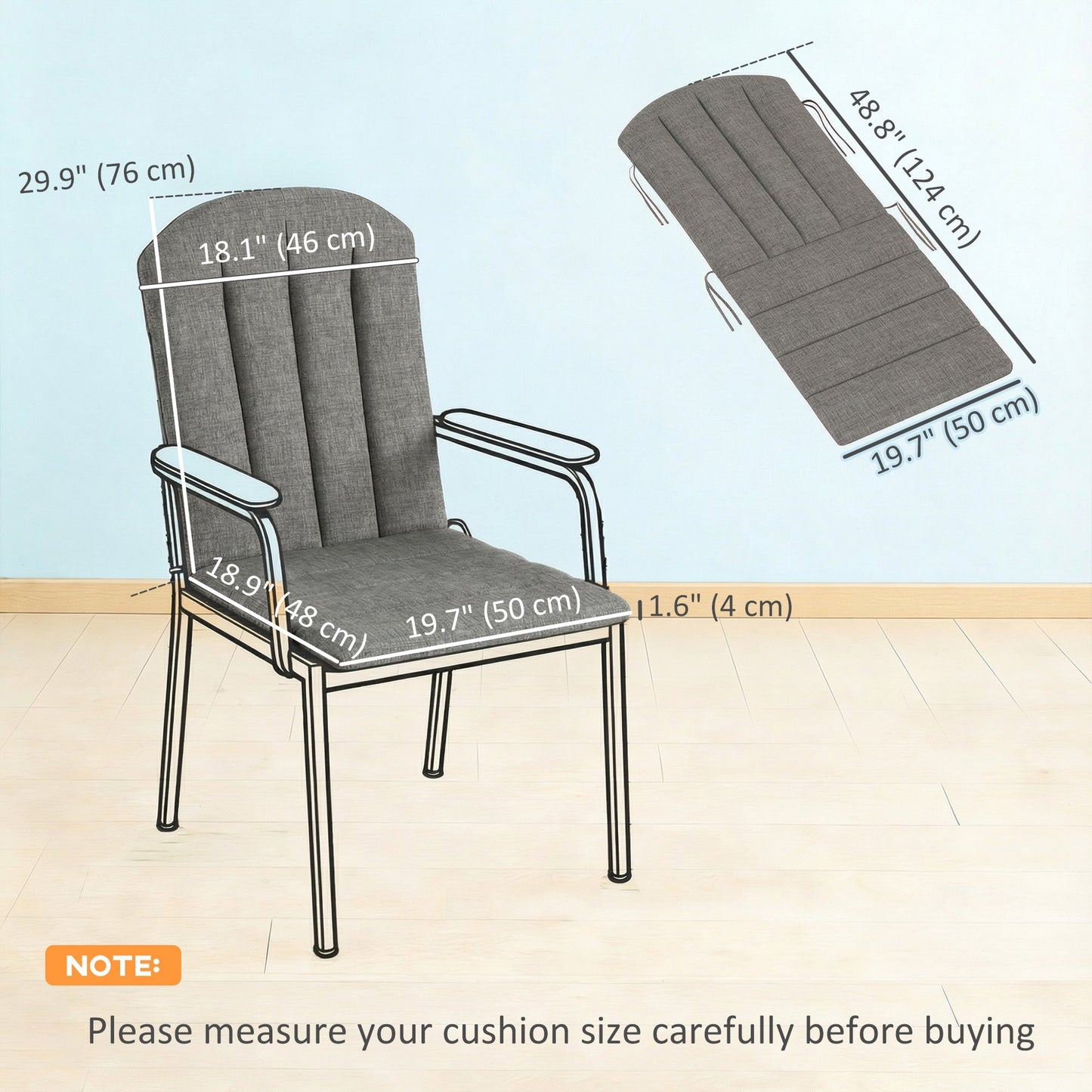 Adirondack Chair Cushion Set of 2, Outdoor Chair Cushions, High Back Patio Chair Cushions with Ties, Non-Slip Replacement Seat Cushion for Patio Furniture, Dark Grey