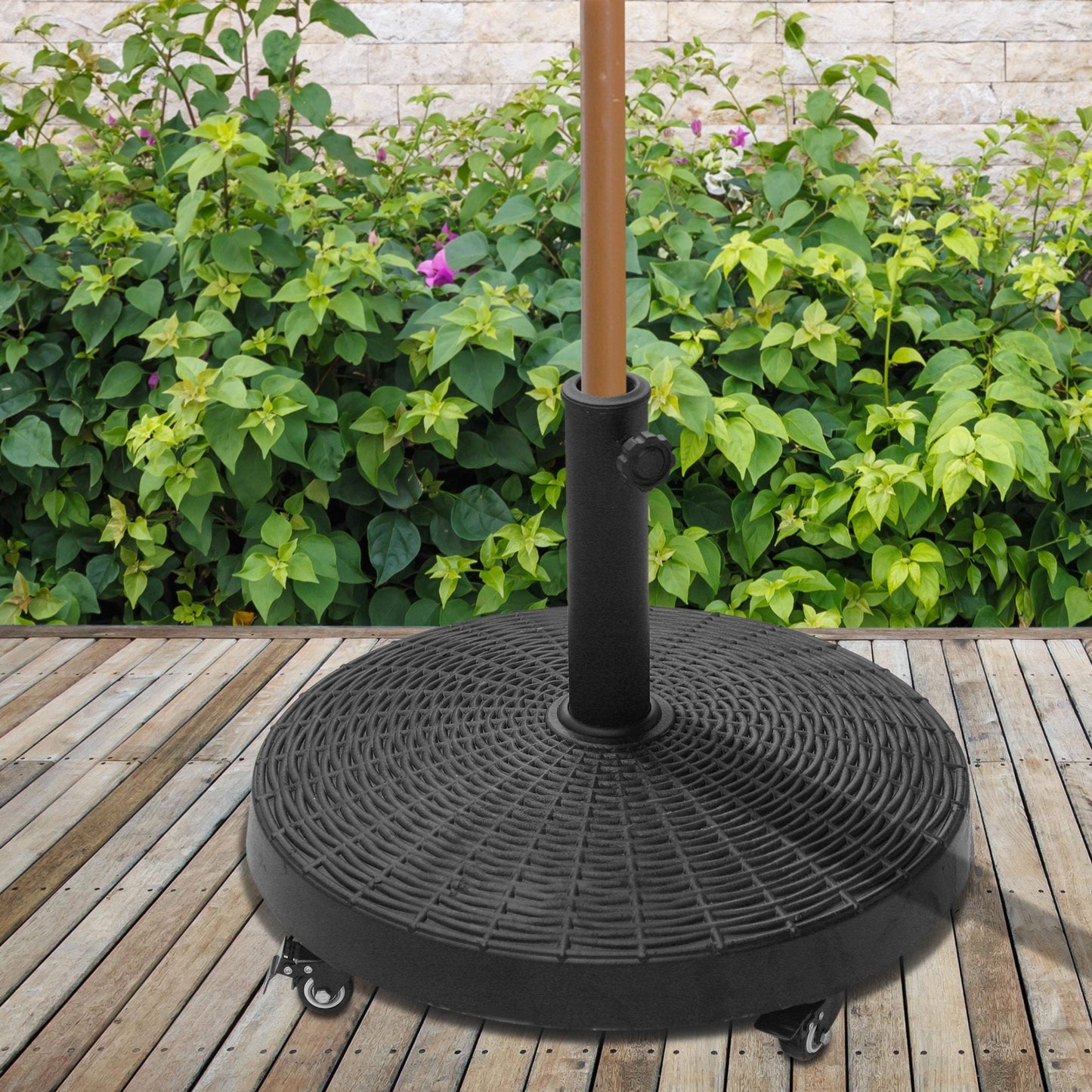 20.5" Round Resin Patio Umbrella Base, 50 lbs Garden Parasol Holder Outdoor Offset Weight Stand with Braked Wheels, Black