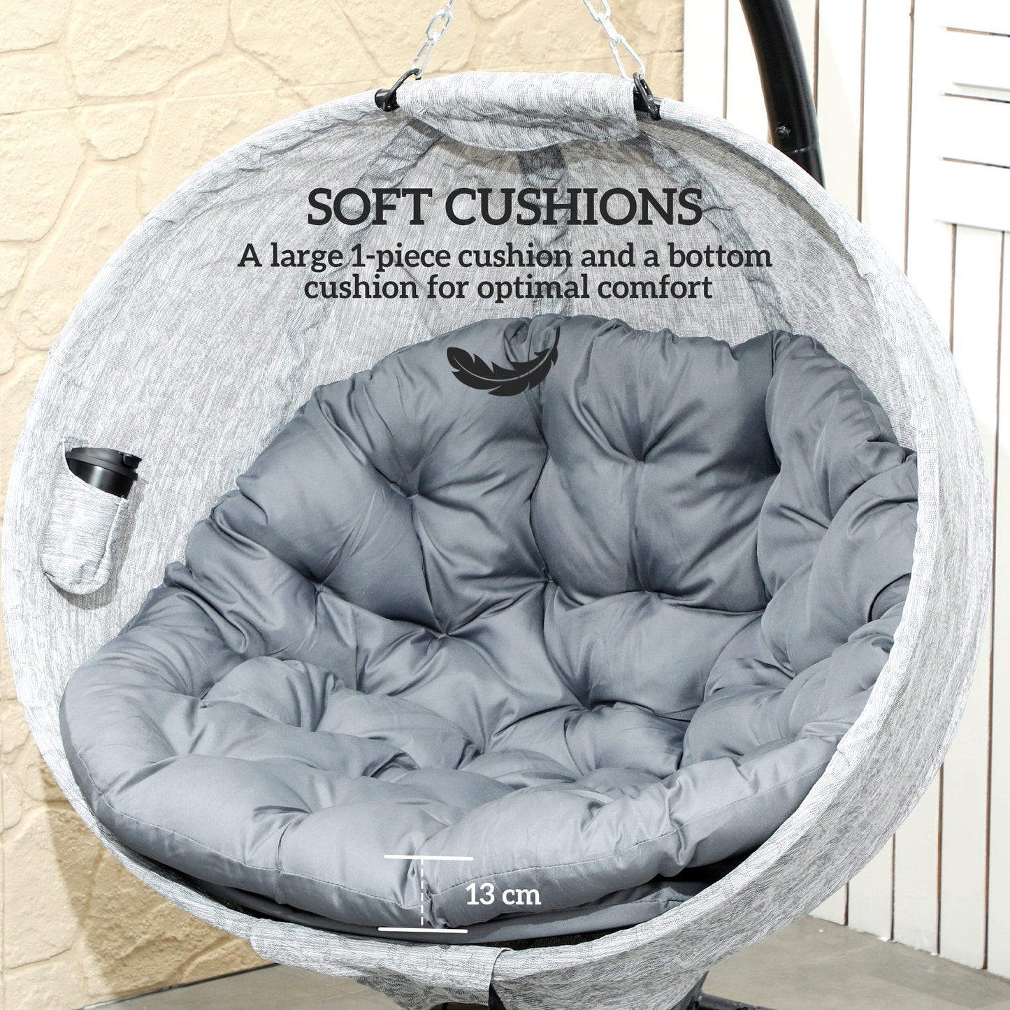 Hanging Egg Chair Outdoor Indoor Swing Chair with Stand and Folding Basket, Egg Hammock Chair with Thickened Cushion, Cup Holder for Patio, Garden, Balcony, Grey